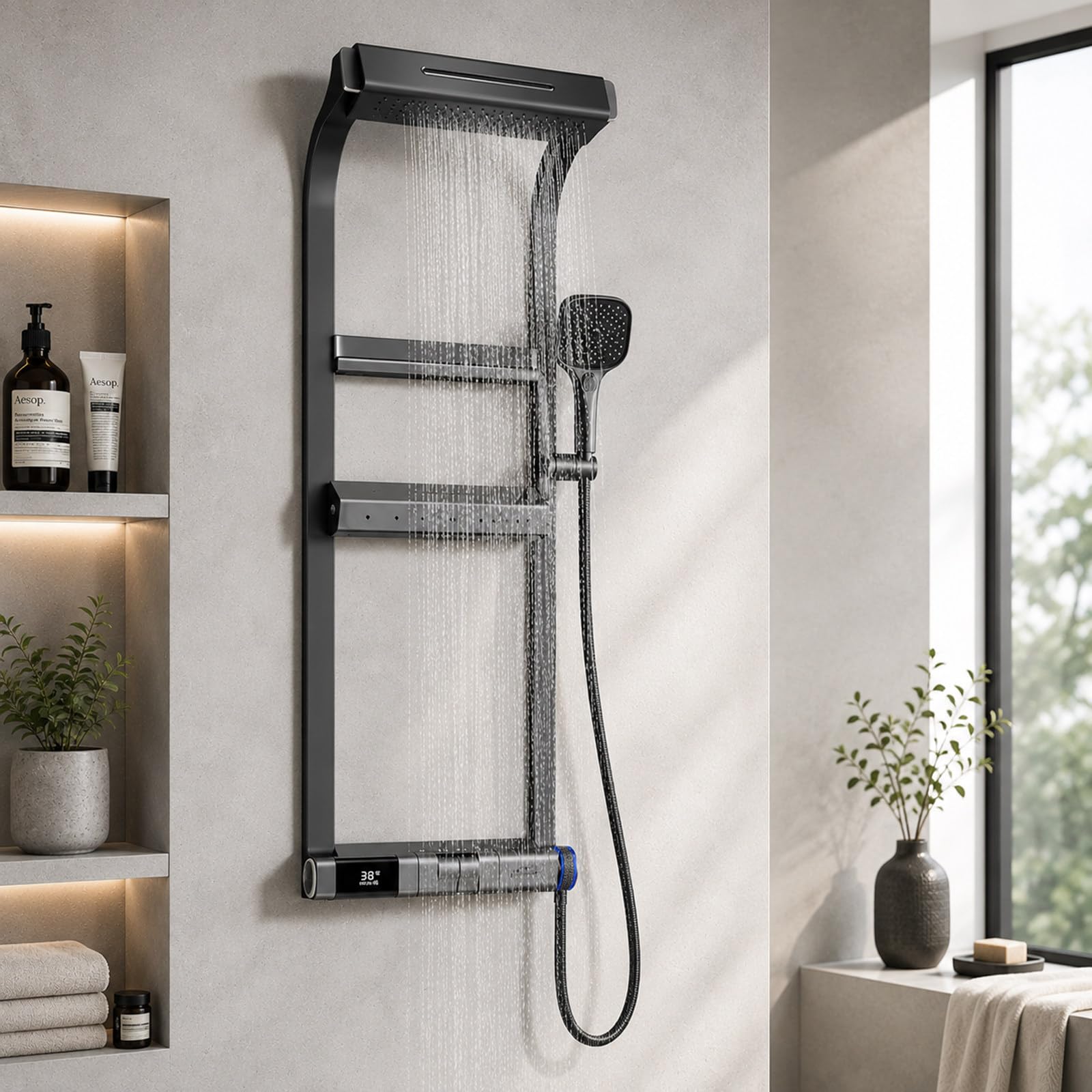 Pannello Doccia con Rubinetto e Doppio Ripiano, 4 modalità Pioggia e Cascata, Display Digitale, Doccetta 3 modalità, Beccuccio Vasca, Grigio Antracite Gray