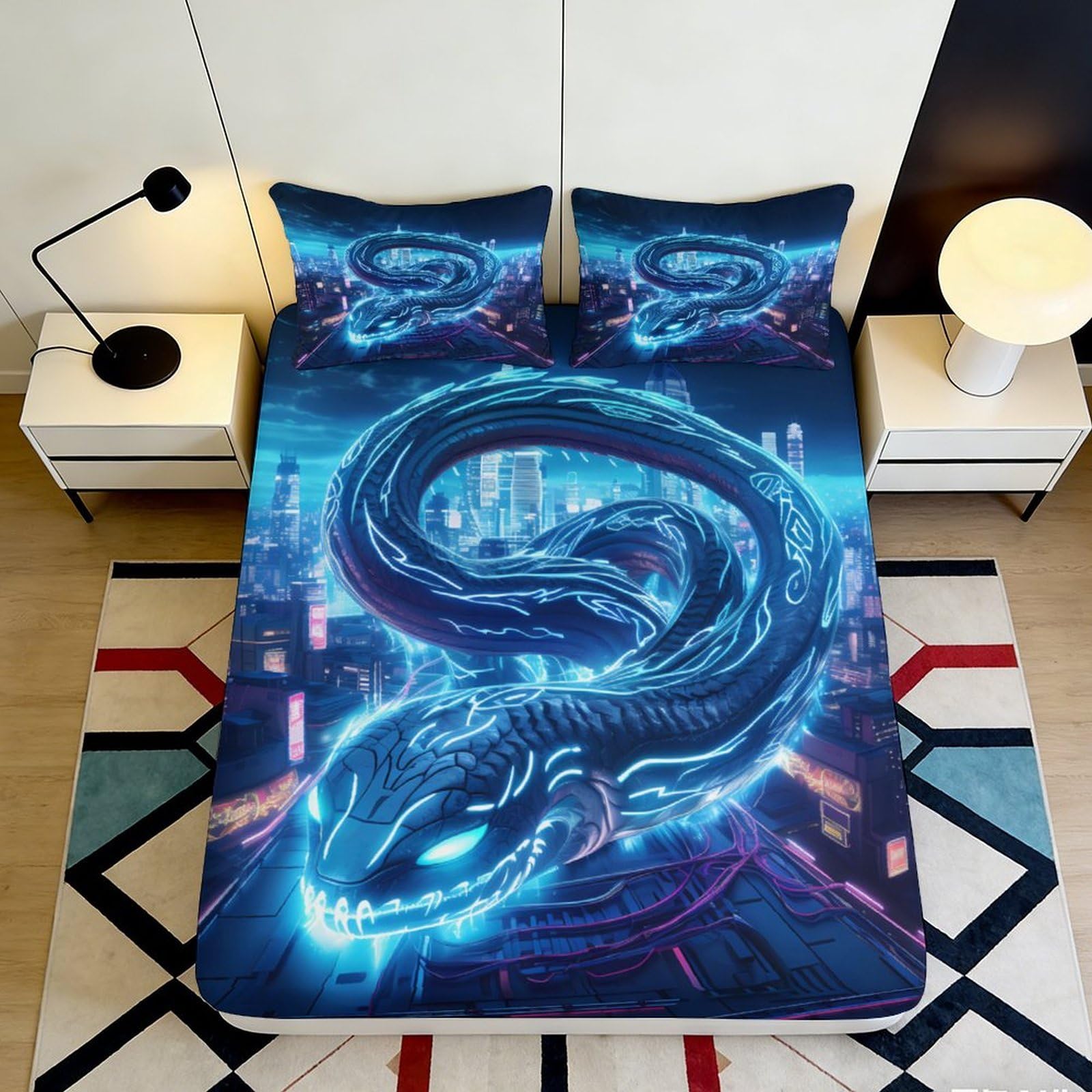 Pnayamiorkfel Style-4 3D Printed Cyber Dragon Fitted Sheet Microfiber Neon Snake Bed Cover For Bedroom Dorm Mattress Decor Protection 90X200x25cm