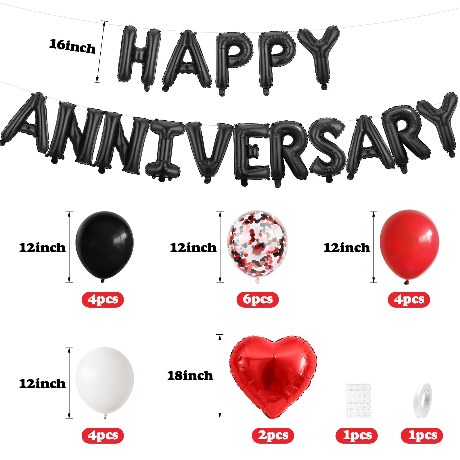 Anniversary Decorations Black Red,Happy Anniversary Foil Balloon Banner with Confetti Latex Balloons,Foil Heart Balloons for Celebrations Surprise Events Romantic Night Weddings - Image 2