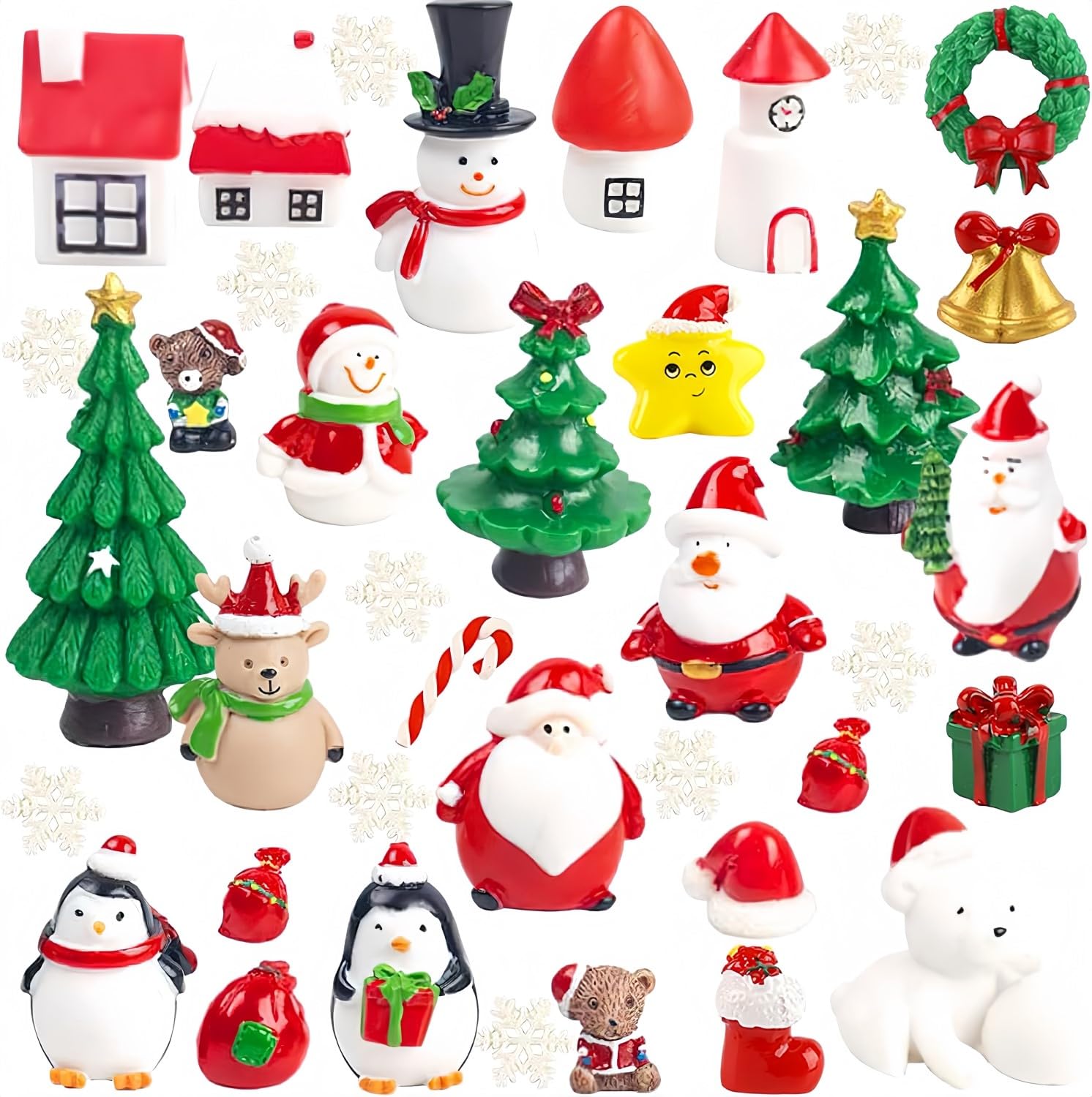 Kaheign [Multiple Colors] Kahieng 38Pcs Christmas Miniature Figurines, 4Cm X 3Cm Mini Resin Santa Claus Snowman Elk Christmas Tree Snowflake For Christmas Fairy Garden Doll House Mini Home Party Diy Decor