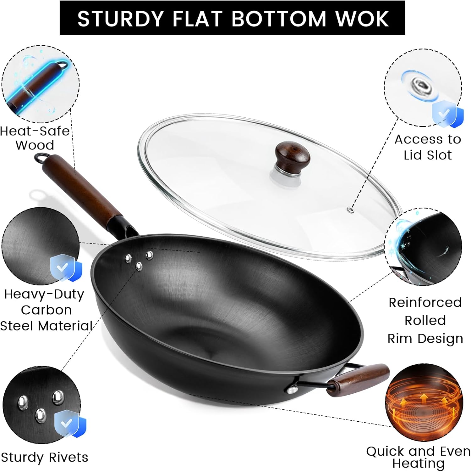 Carbon Steel Wok - 12.99" Woks & Stir-Fry Pans Nonstick, Wok with Lid, Fast Heat Conduction, Uniform Heat Conduction Flat Bottom Woks, Professional Chef Cookware