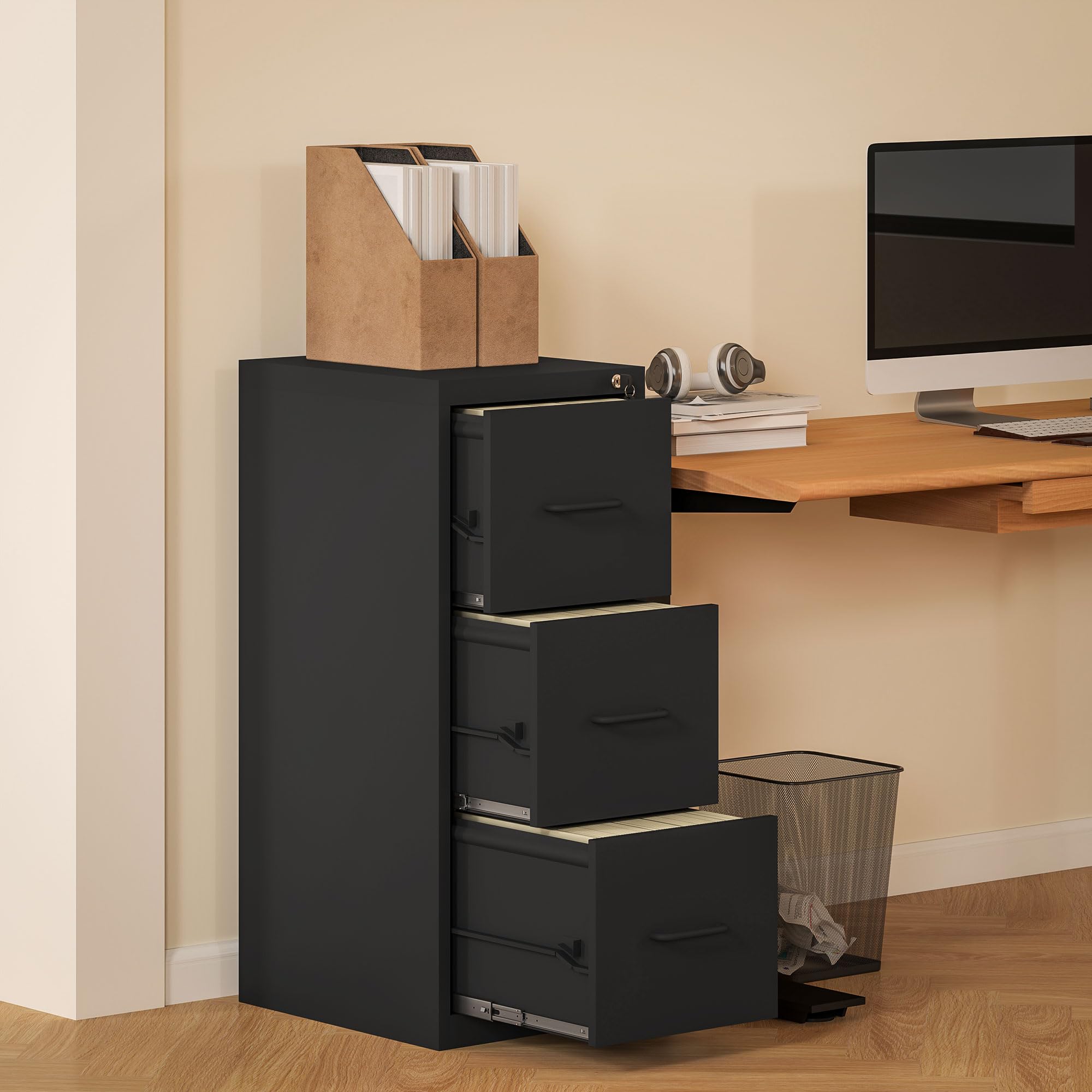 HOMCOM Schedario da Ufficio a 3 Cassetti con Barra Regolabile, Cassettiera in Acciaio per Documenti, Perfetto per Ufficio, Casa e Studio, 36.5x46.2x99 cm, Nero