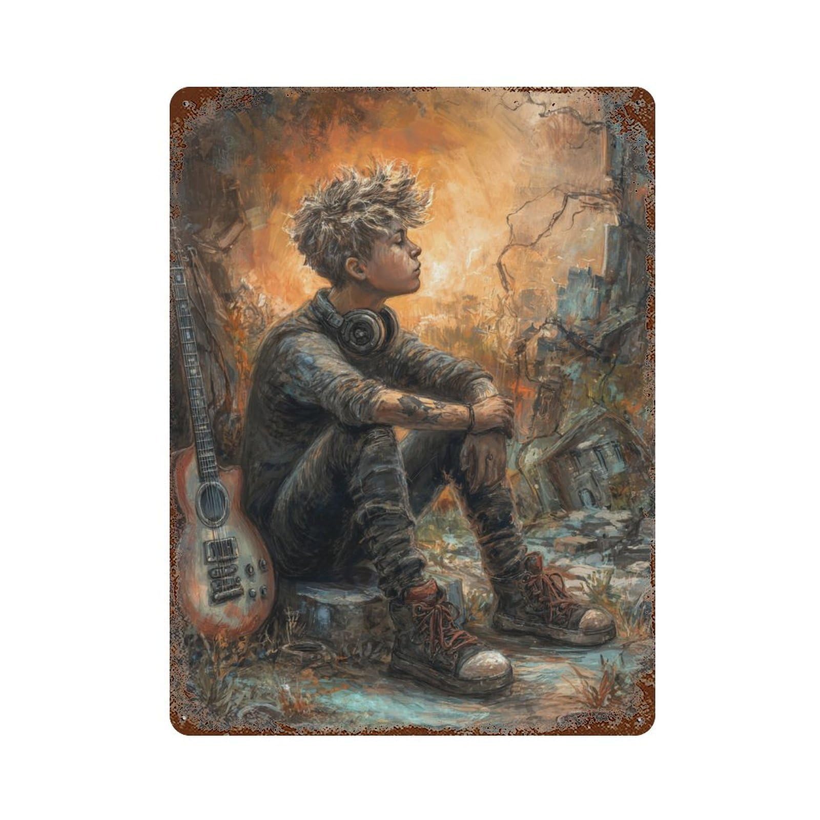 Urban Punk Guitarist Weathered Tin Sign 15.7"x11.8", Rustic Home Decor for Office, Studio And Wall Decor