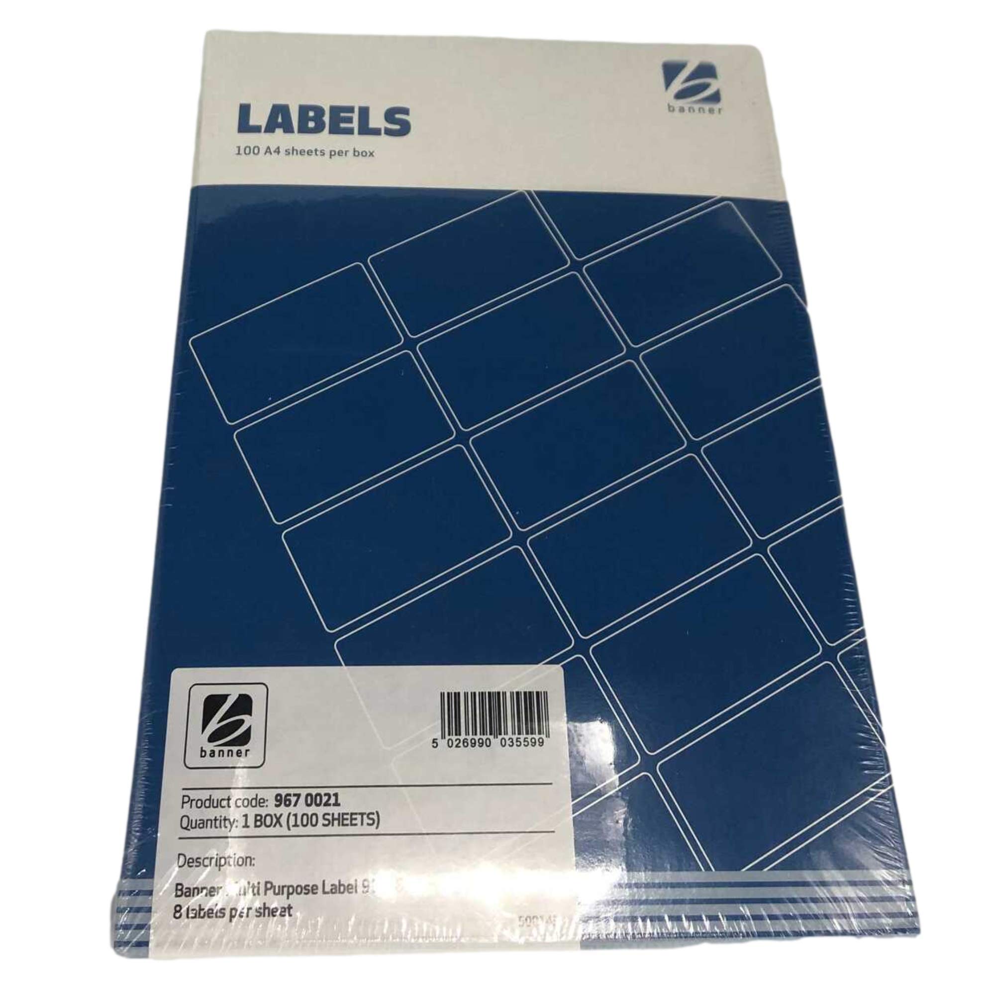 Banner Multipurpose Label 99. 1x67. 7mm 8 Per A4 Sheet White Ref 9670021 Box 100 White Multi-purpose Labels. Size: 99. 1 X 67. 7mm. 8 Labels Per Sheet. Suitable For Most And Inkjet Printers. With PC Software Templates. ECF Material. Quantity: Box Of 100.