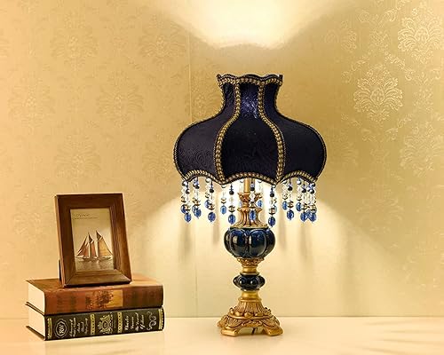 Miniatura 3 de JITEM Lámpara de Mesa Lámpara de mesa de estilo victoriano hecha a mano antigua pequeña lámpara de noche de tela azul con cuerpo de lámpara de