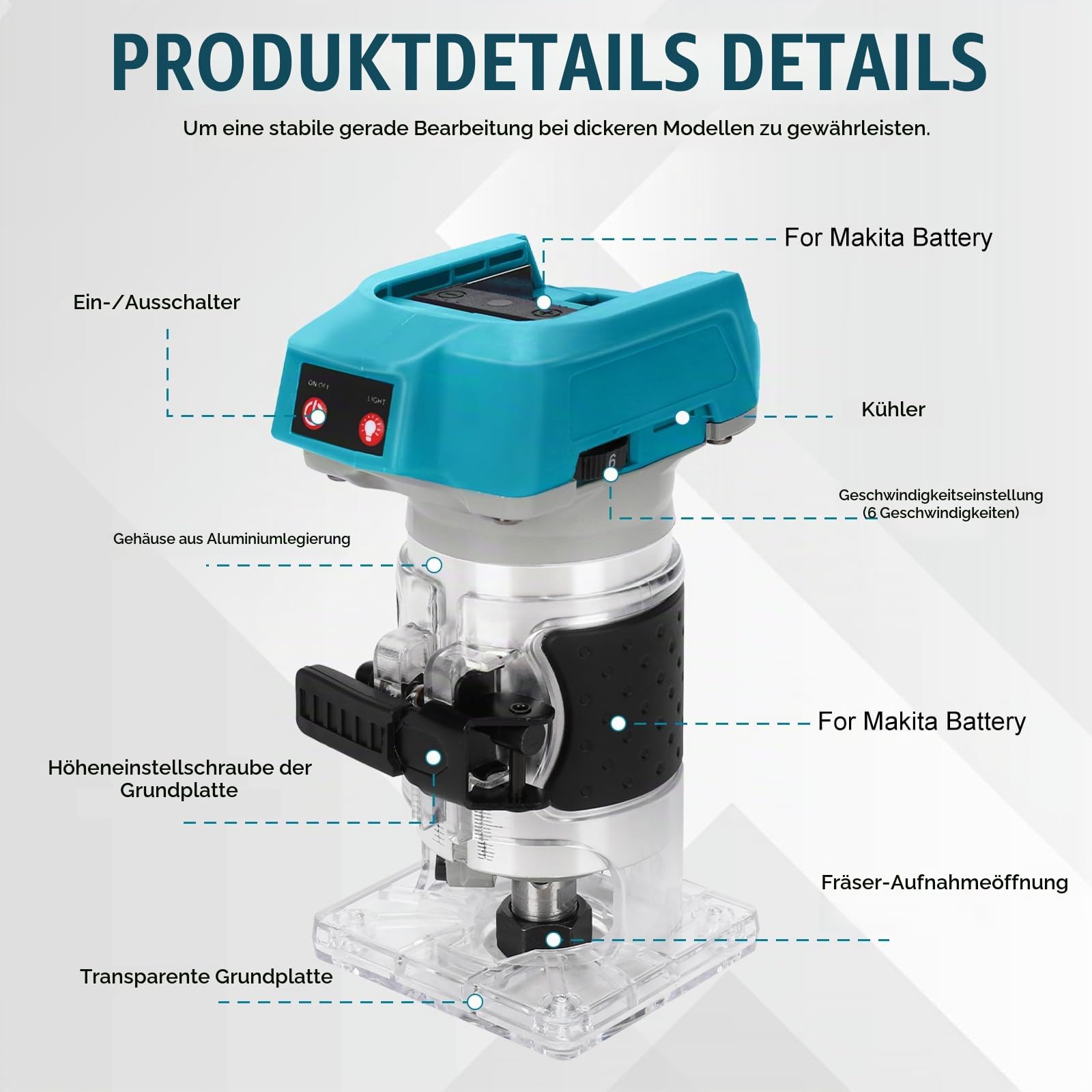 Akku Oberfräse für Makita 18V Akku, 1300W Oberfräse Trimmer Einhandfräse, Bürstenloser Motor, Elektrischer Handschneider Holzlaminator Palm Router, 6,35 mm (ohne Akku)