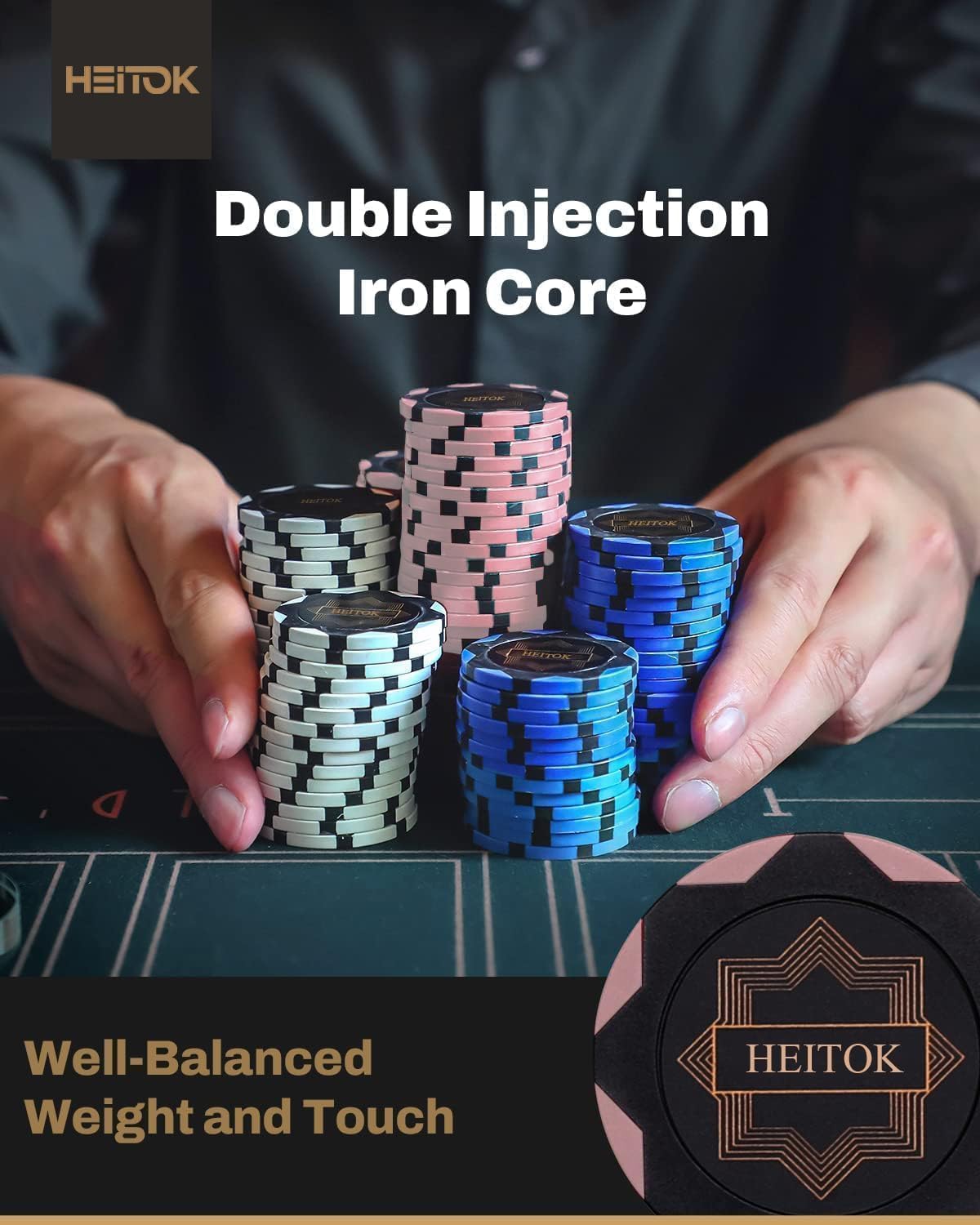 HEITOK Set Fiches Poker Clay Composite 300 pz 14g con valigetta | 300 pz 14g Clay Composite numerate con valigetta per Texas Holdem e Blackjack.