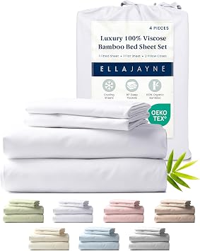 Ella Jayne Viscose Derived from Bamboo Sheets Full Size Set 4 Pieces Full Size, Ultra Soft & Luxuriously Cooling, Eco-Friendly Keyword Deep Pockets 16 Inch White