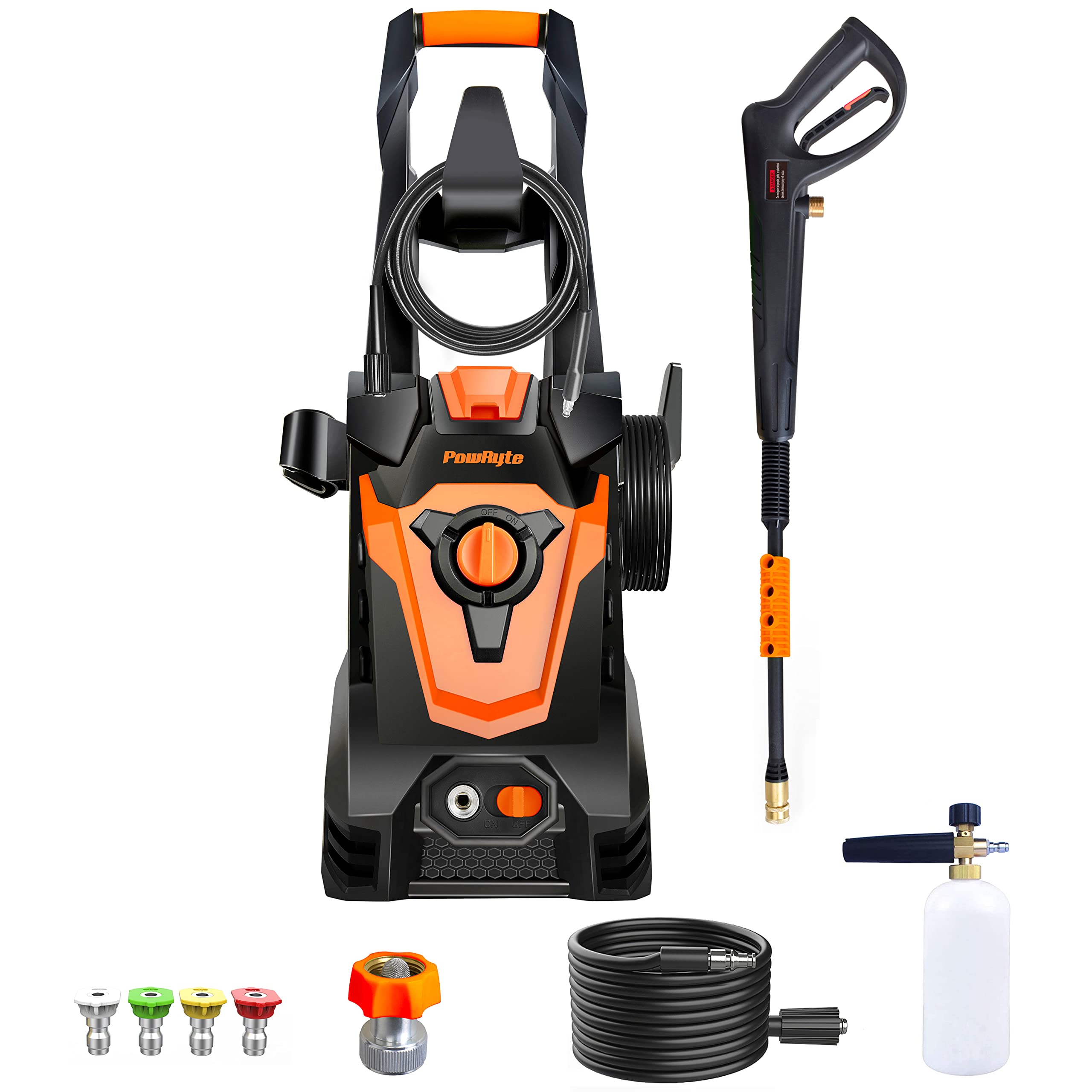 PowRyte Electric Pressure Washer, Brass Foam Cannon, 4 Different