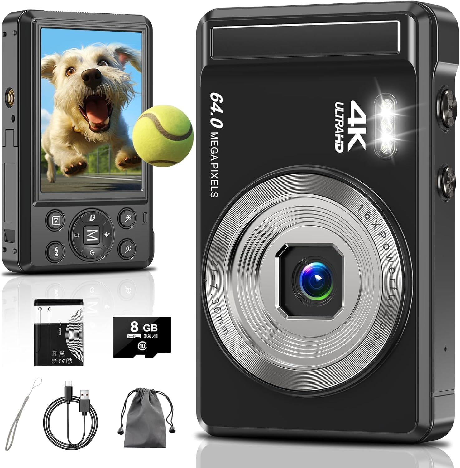 4K UHD Digitalkamera 64 MP Kompaktkamera | 2,8 Zoll Display, Autofokus, 16-facher Digitalzoom, Micro SD Karte & 1200 mAh Akku, Mini Vlogging Kamera für Kinder, Anfänger