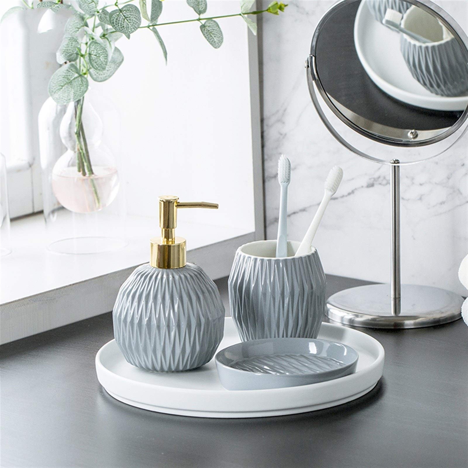 バスルームアクセサリー 5点セット❤️ソープディスペンサー歯ブラシホルダーお祝い Amazon.co.jp: LUANT バスルームアクセサリーギフトセット 5点