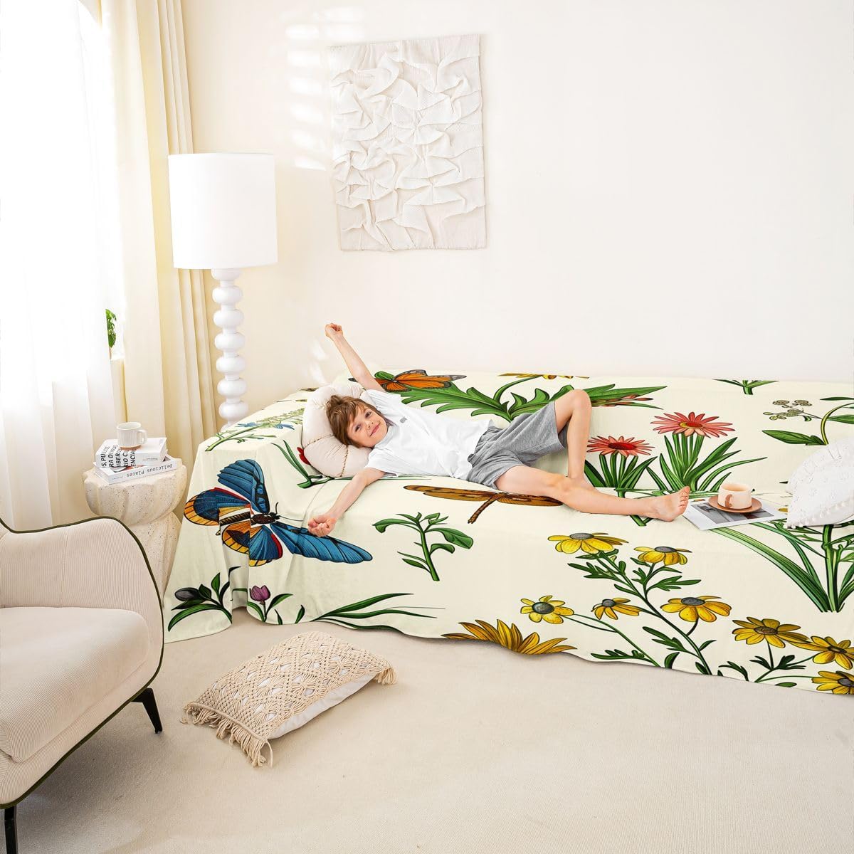 Dragonfly Butterfly Soft Sofa Cushion Covers Jungle Flowers Green Leaves Sofa Cover,Reversible Rustic Animal Design Cat Proof Sofa Slipcovers Couch Blanket Indoor Cat Couch Protector 71"x134"