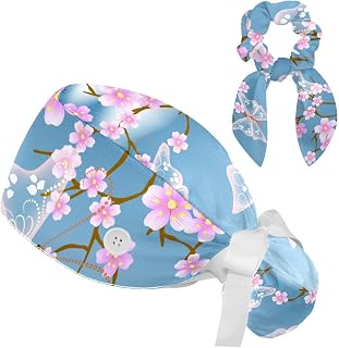 FVQL 2 Pieces Surgical Cap for Long Hair Scrub Cap with Hairband Nurse Cap, Blossom and Butterflies