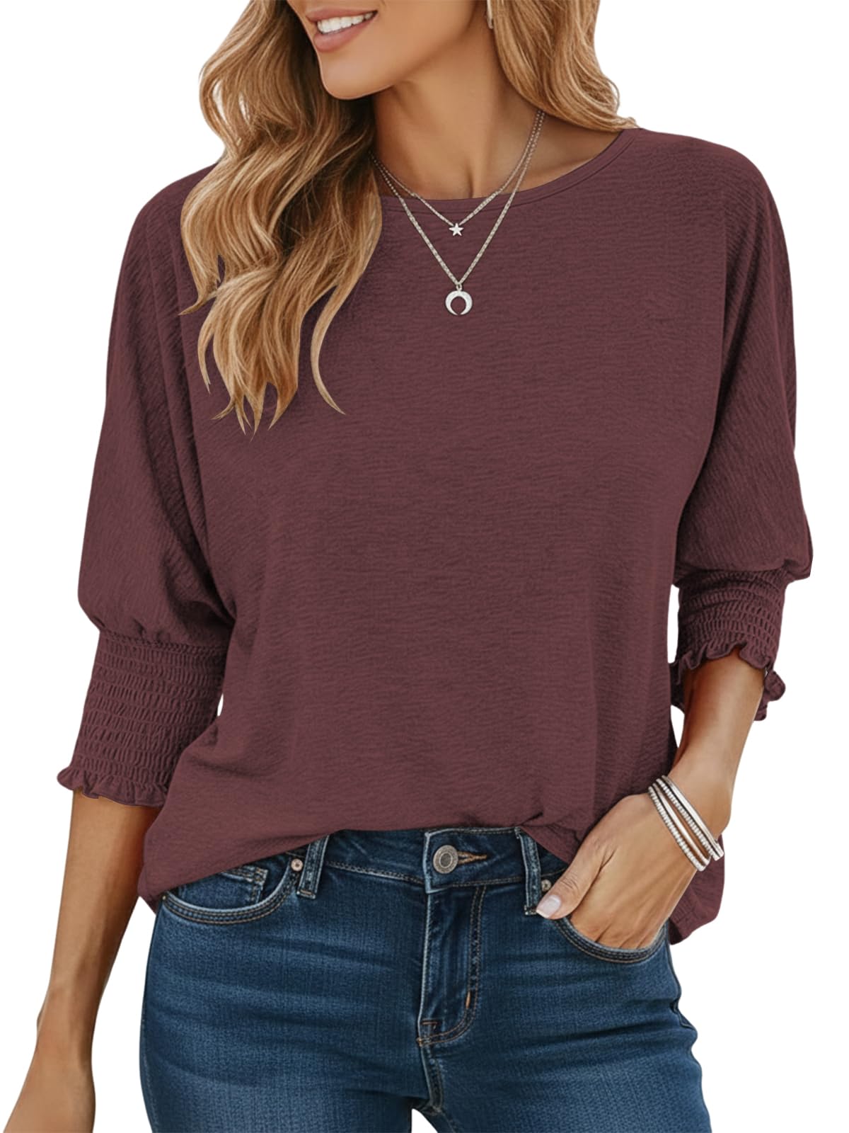 Cuptacc Tshirt Damen Elegante Rundhals Langarmshirt Lose Casual Bluse Basic 3/4 Ärmel Tunika Gesmokt Stulpe Oberteil