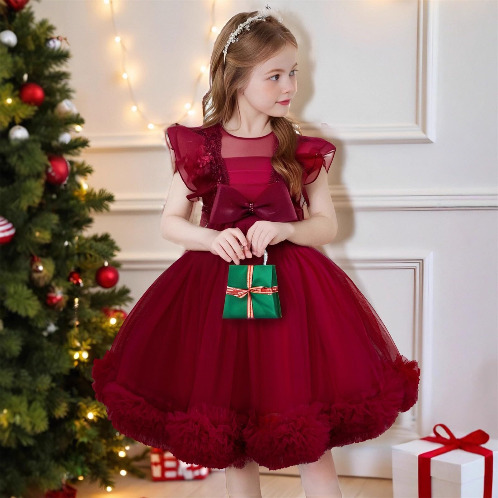 Abito da principessa per ragazze, in tulle, con fiocco, per feste di compleanno, formali, balli studenteschi, matrimoni, damigelle d'onore, concorso, maniche a volant, abiti car
