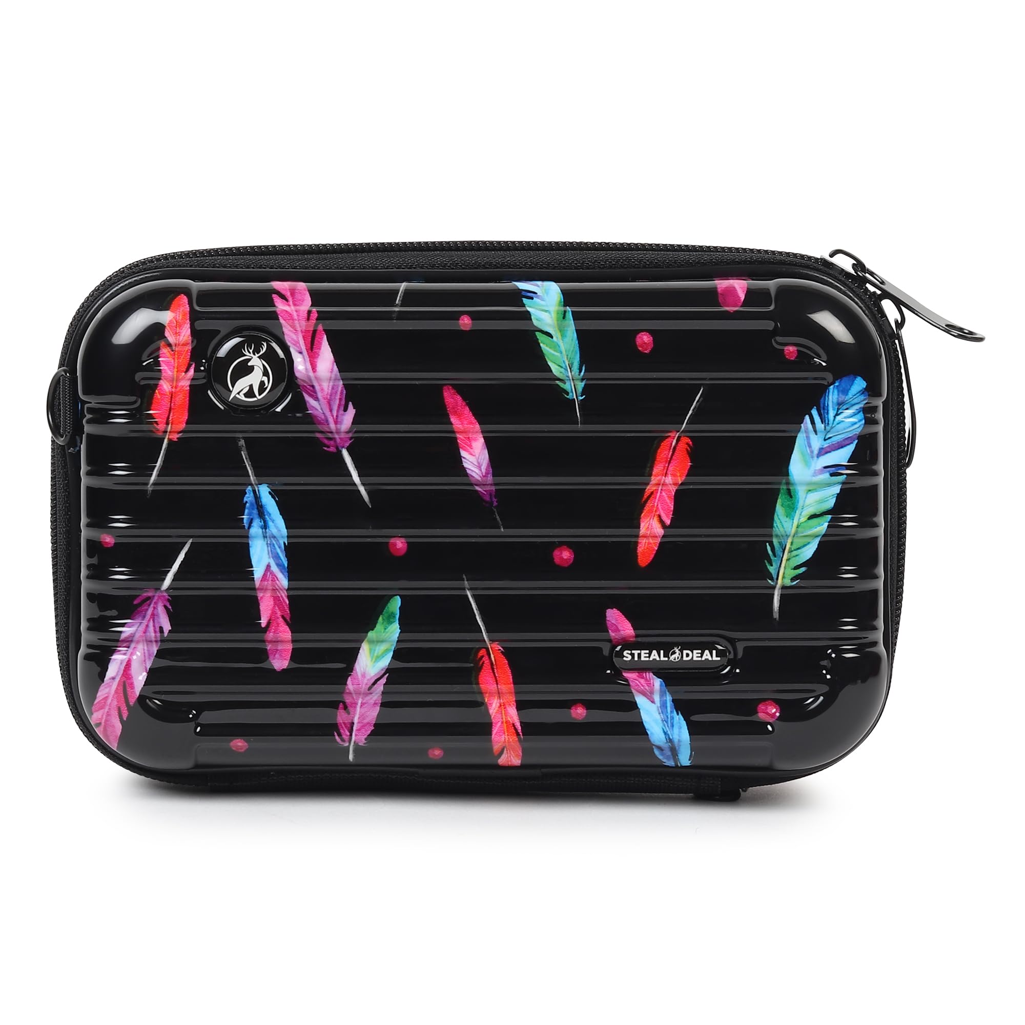 Stealodeal Hard Shell Multipurpose Storage Case with Strap | Shockproof Travel Organizer for Earphones, Cables, Watch & Cosmetics | Feather Print (Black)-image-17
