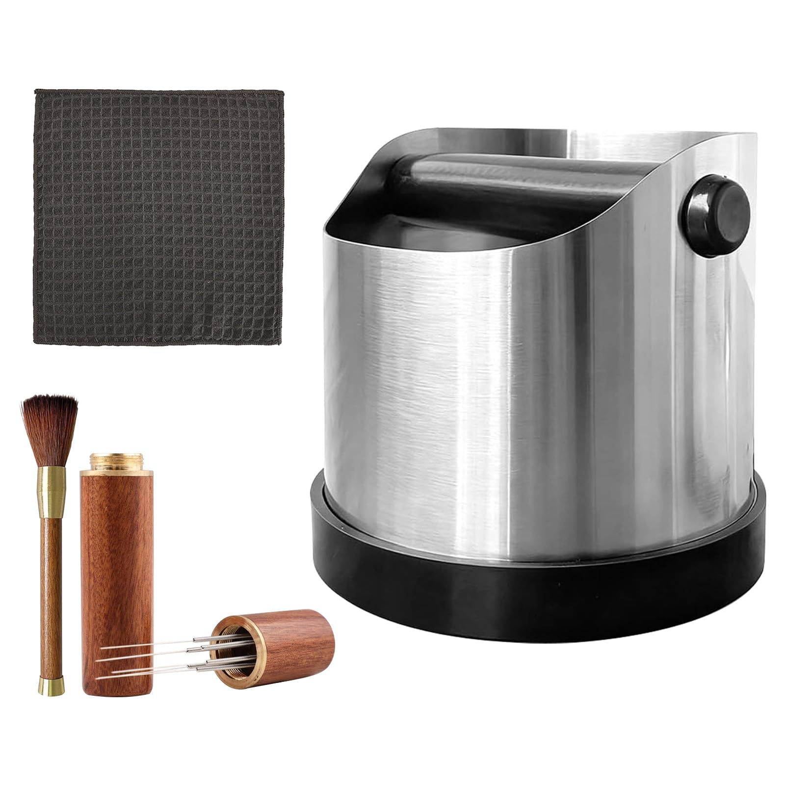 Coffee Knock Box with Removable Bar, WDT Tool & Tamping Mat – Stainless Steel Coffee Grounds Container, Non-Slip Countertop Bin for Espresso Puck Disposal, Easy-Clean Home Barista Coffee Accessories