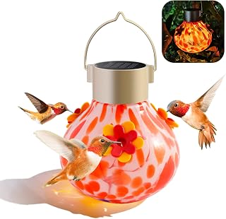 Hummingbird Feeder with Solar Light, Outdoor Glass Hummingbird Feeder, Auto-Lighting Solar Lamp for Garden Decor, 3 Feeding Ports Attract More Birds, Waterproof Design, Ideal Gift (Red)