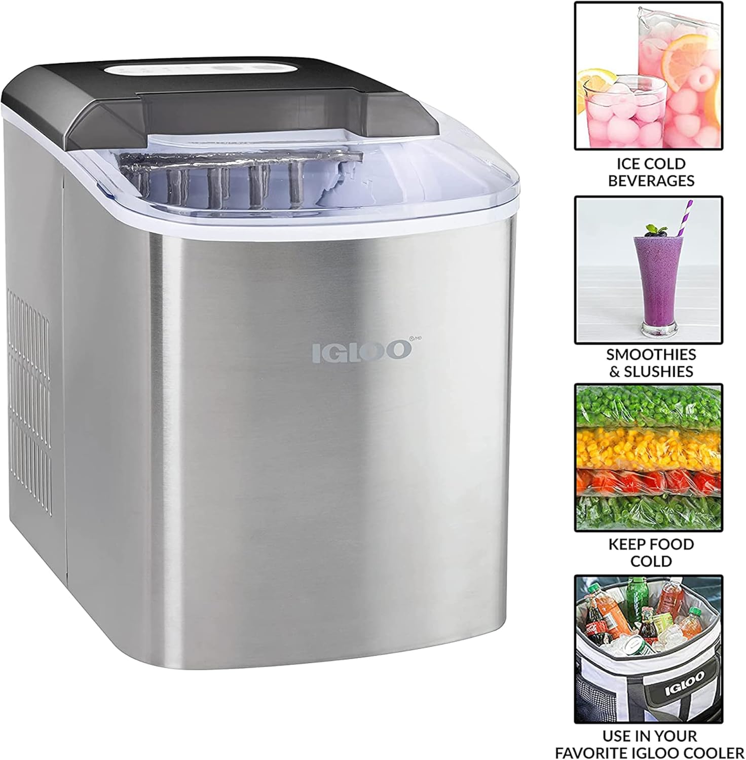 Igloo ICEB26SS Ice Maker with examples of use for cold beverages, smoothies, and keeping food cold
