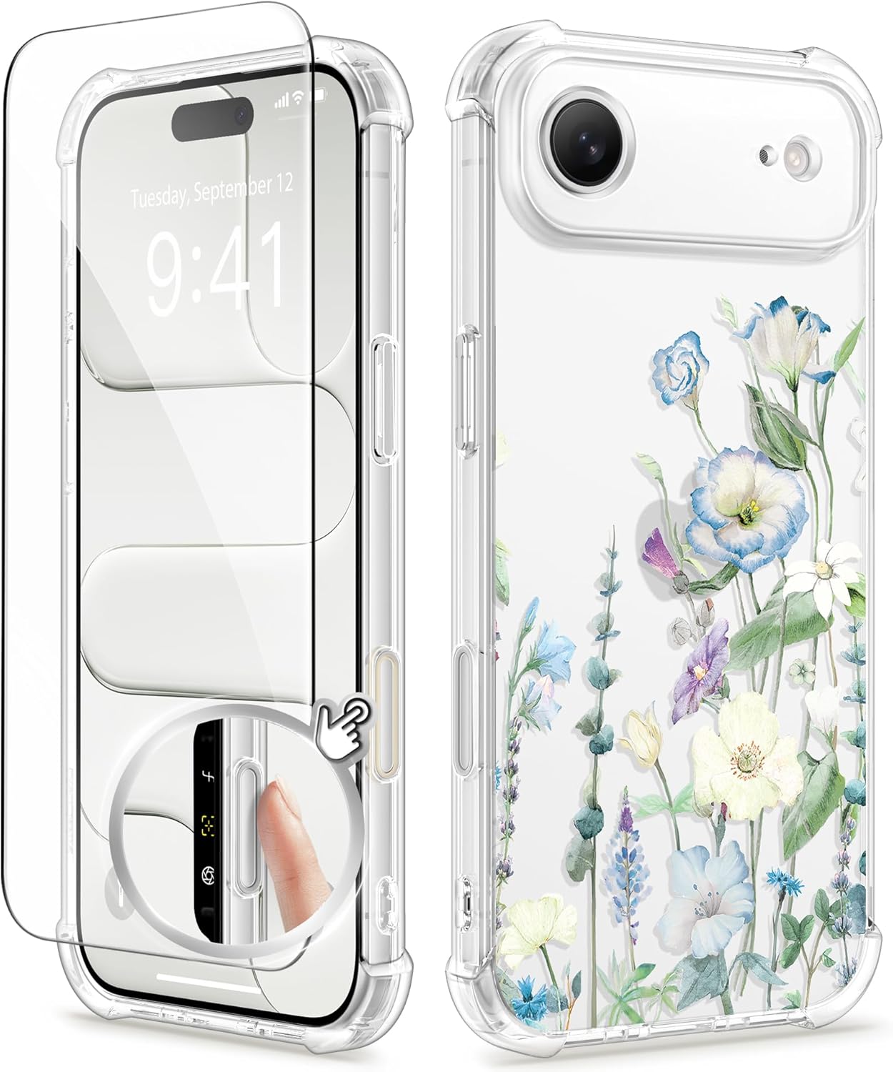 GVIEWIN for iPhone Air Case with Screen Protector, Upgraded [Full Camera Protection] [Non Yellowing] Floral Slim Shockproof Clear Women Phone Cover for iPhone 17 Air 6.5" (Aquilegia/White)