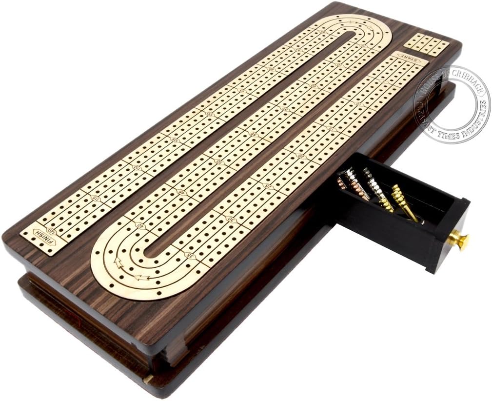 House of Cribbage - Continuous Cribbage Board Inlaid 4 Tracks Rosewood/Maple with Sliding Lids and Drawer