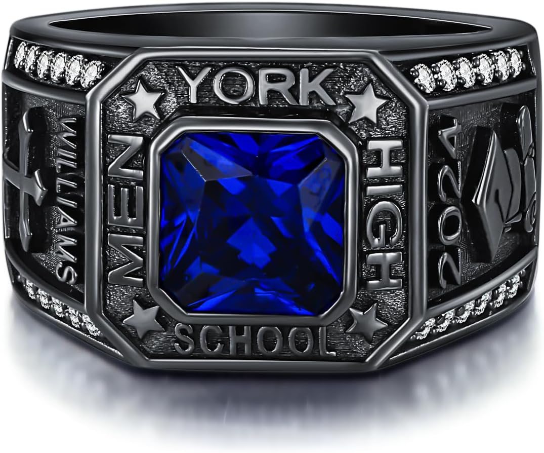 Dorunmo Customizable Class Ring for Men High School 925 Sterling Silver Graduation Rings Mens Class ring Graduation Gift, 1/2/3 Patterns