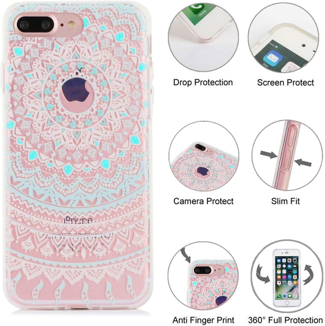 iPhone 8 Plus Mandala Case iPhone 7 Plus Clear Case Lace Paisley Floral Mandala Pattern Transparent IMD Hybrid Soft TPU Shockproof Phone Back Cover for Women Girls-[5.5"]