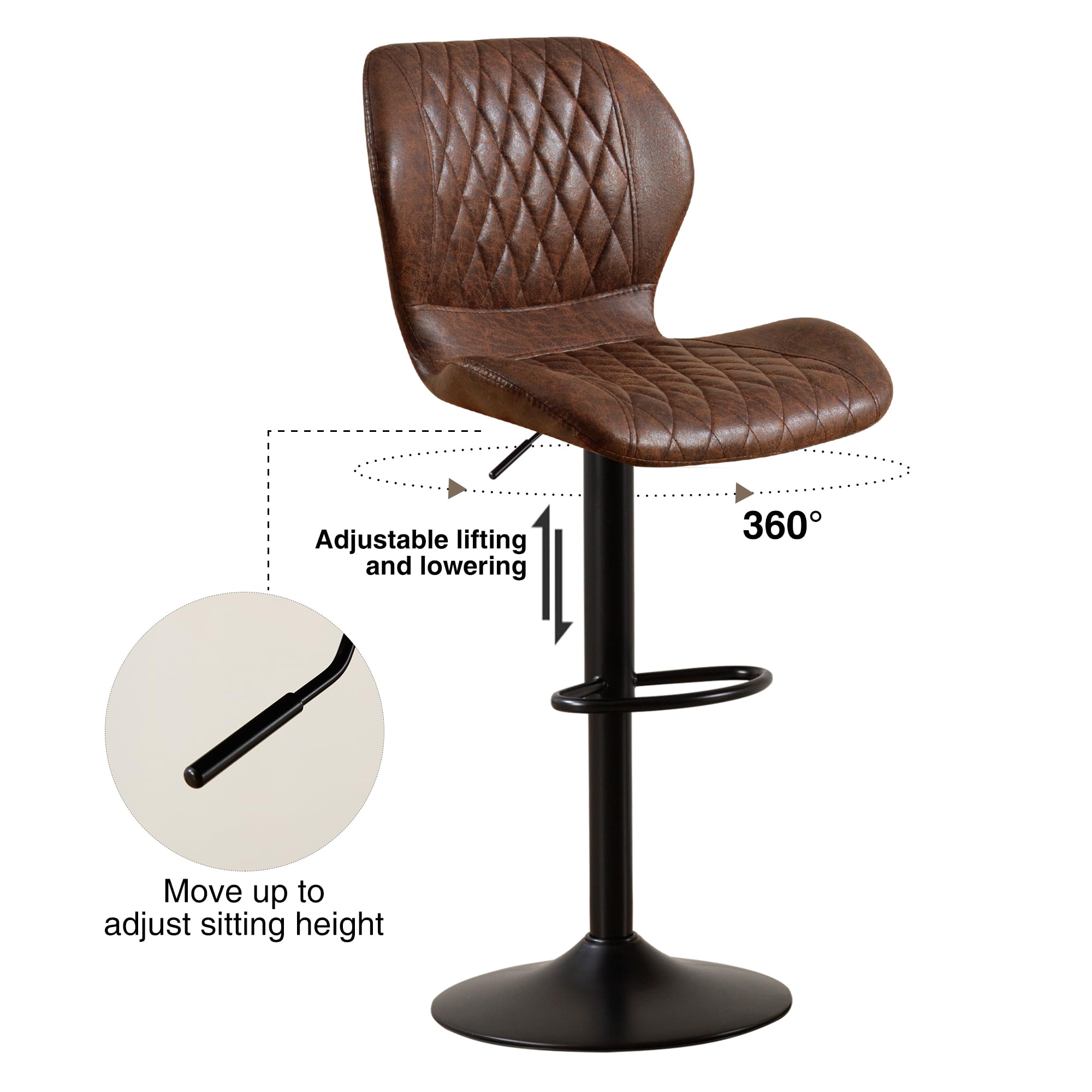 Barhocker,Bar Stühle mit Lehne, 360°Drehstuhl Küchenstuhl, Höhenverstellbar, PU-Kunstleder, für Esszimmer Heimbar Kücheninsel (Brown, 1 PCS)