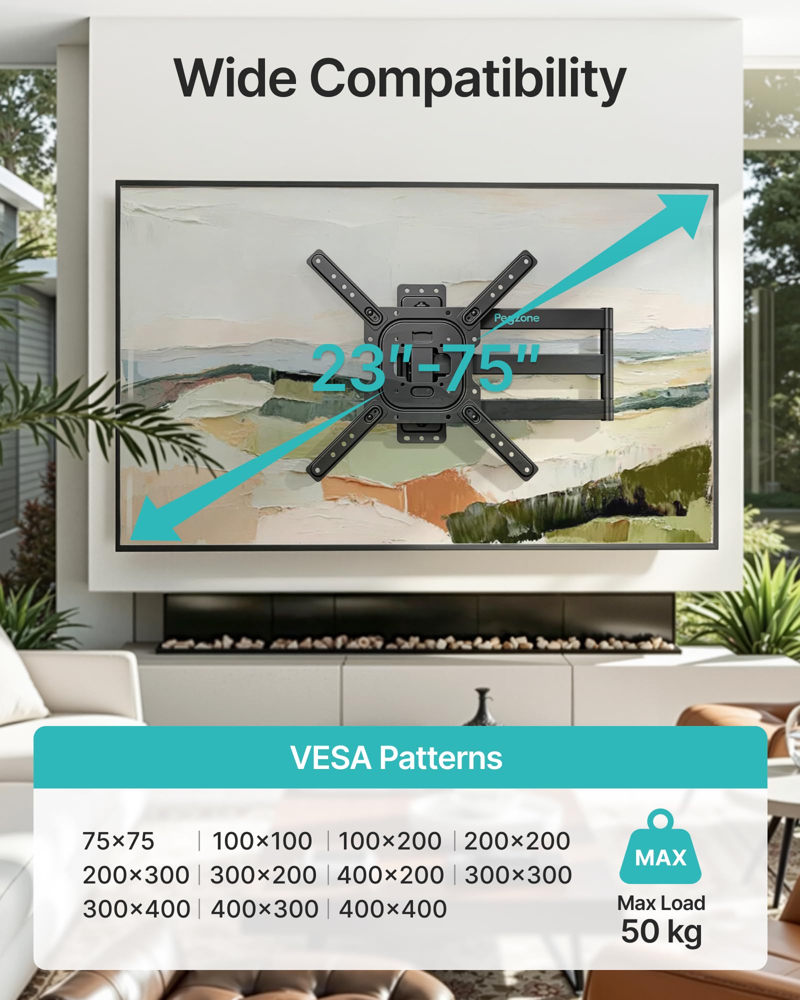 PEGZONE Supporto da parete per TV a maniche lunghe, 63-792 mm, per TV da 23-75", fino a 50 kg, max. VESA 400 x 400 mm, orientabile