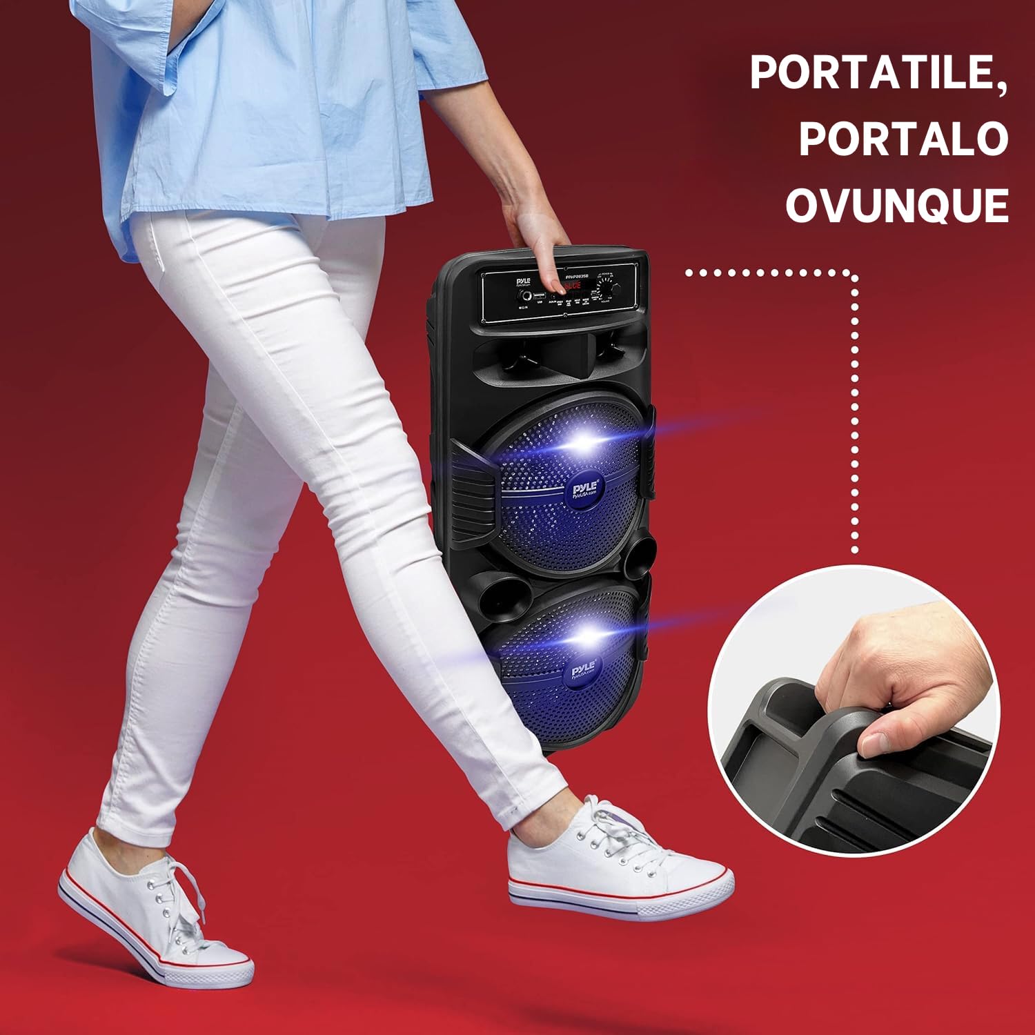 Pyle Cassa Bluetooth Portatile, Sistema PA Ricaricabile 600 Watt, Altoparlante Esterno con Doppio Subwoofer da 20 Centimetri, Tweeter da 2,5 Centimetri, Microfono, Luci