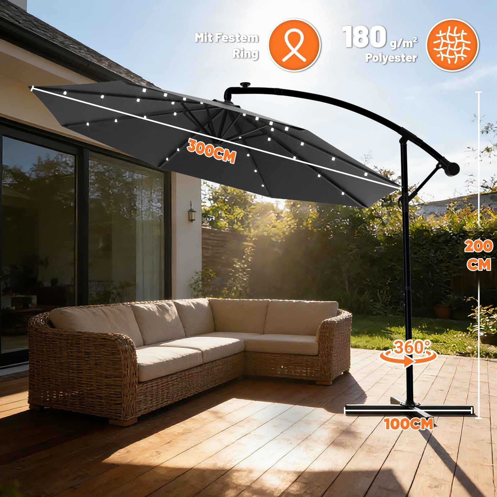 Huracan parasol déporté avec pied & couverture, solaire LED grand parasol à manivelle, pivotant à 360°, aluminium pliable, protection UV, inclinable, pour balcon, terrasse, jardin