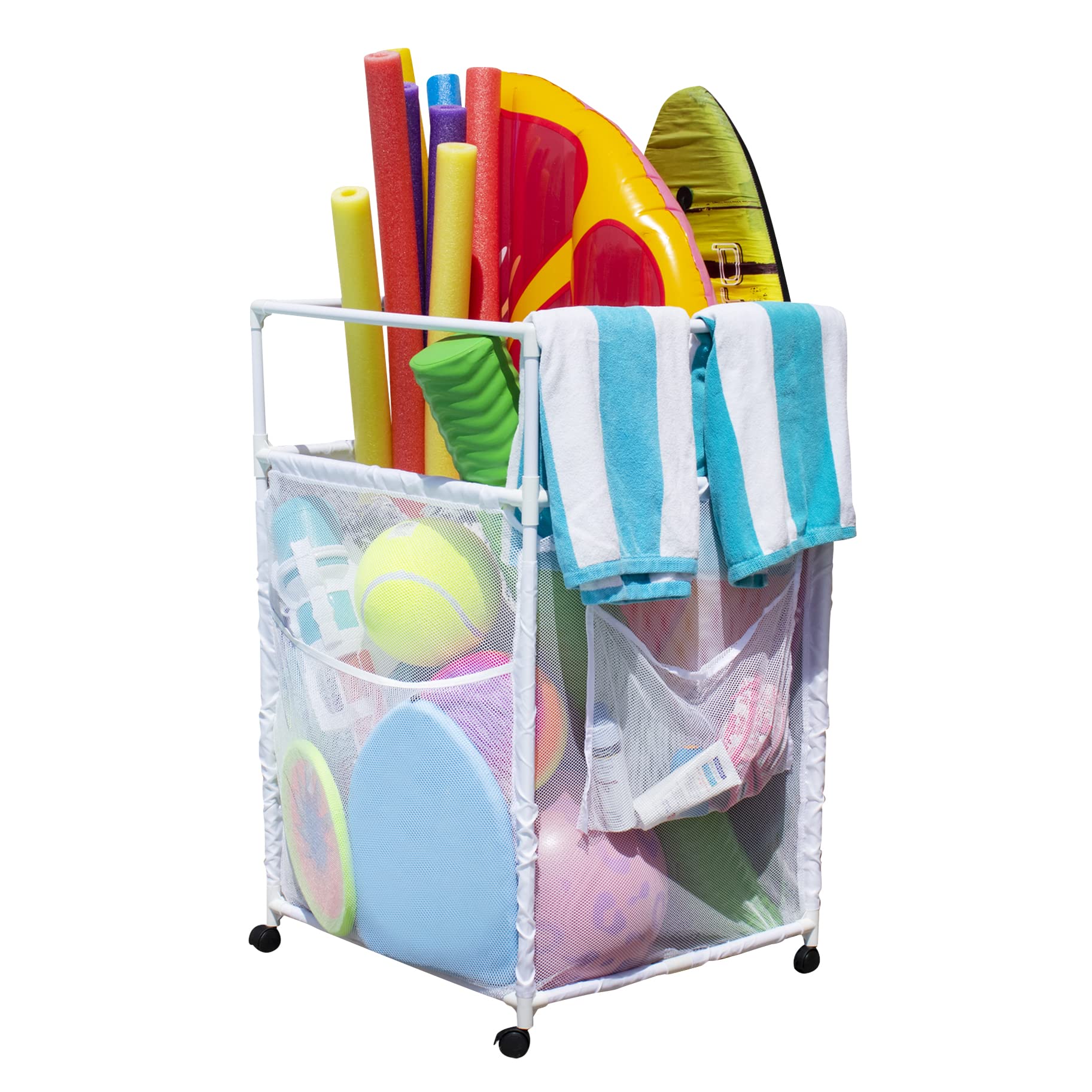 Essentially Yours Rolling Pool Noodle Storage Organizer Bin, Standard Noodle Holder, (25.4" W x 26" L x 40.5" H), White Style 510643