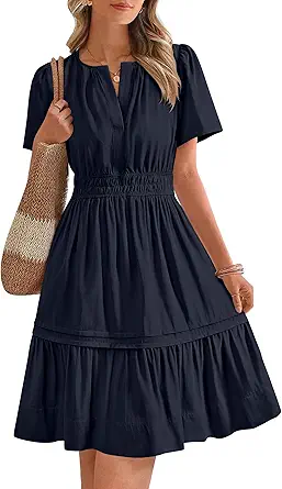 BTFBM Women's Casual Dresses 2025 Summer Spring V Neck Short Sleeve Sundress Smocked Waist A Line Tiered Mini Dress