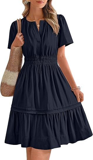 BTFBM Women's Casual Dresses 2025 Summer Spring V Neck Short Sleeve Sundress Smocked Waist A Line Tiered Mini Dress