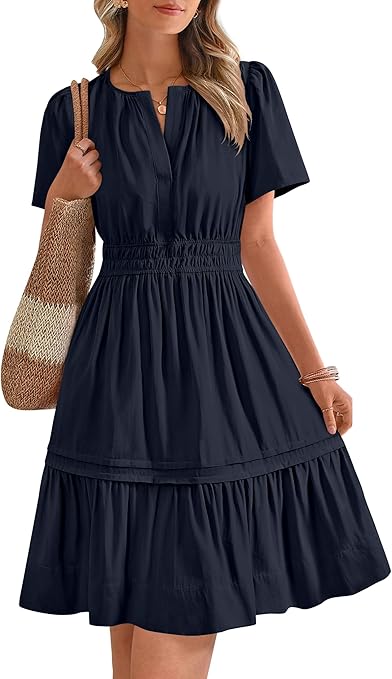 BTFBM Women's Casual Dresses 2025 Summer Spring V Neck Short Sleeve Sundress Smocked Waist A Line Tiered Mini Dress