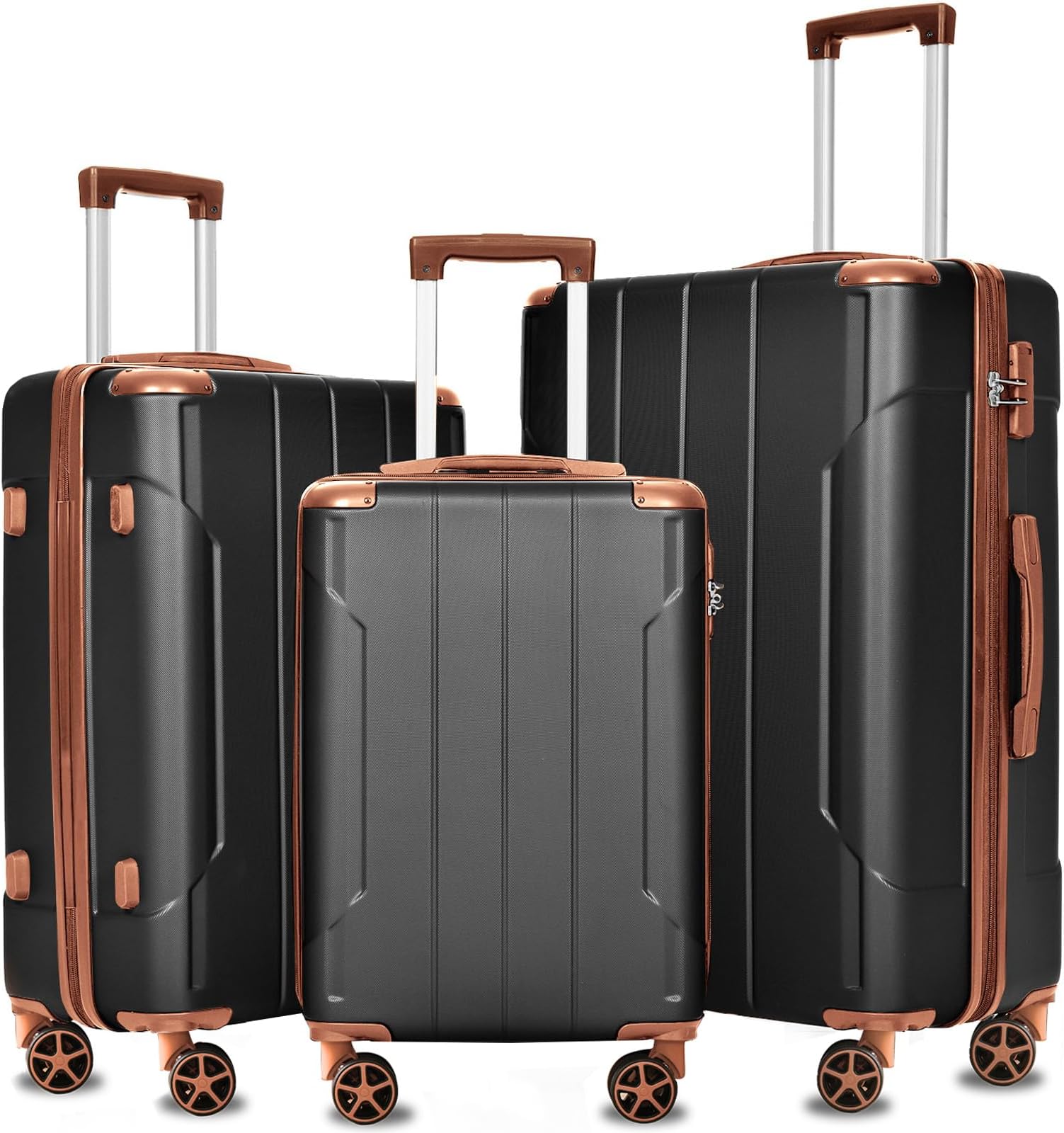 Luggage Sets 3 Piece Hardshell 8 Spinner Wheels Lightweight Suitcase Corner Guards Travel Luggage (Black brown 20IN 24IN 28IN)