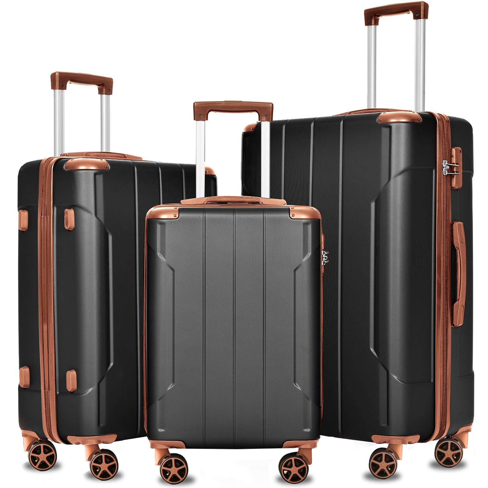 MeraxLuggage Sets 3 Piece Hardshell 8 Spinner Wheels Lightweight Suitcase Corner Guards Travel Luggage (Black brown 20IN 24IN 28IN)