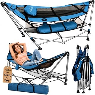 Camping Hängematte mit Gestell Klappbar bis 135 kg – Gartenhängematte Tragbar mit Kissen, Getränkehalter & Tasche – Outdoor Hängematte für Garten, Balkon, Terrasse, Camping & Reisen