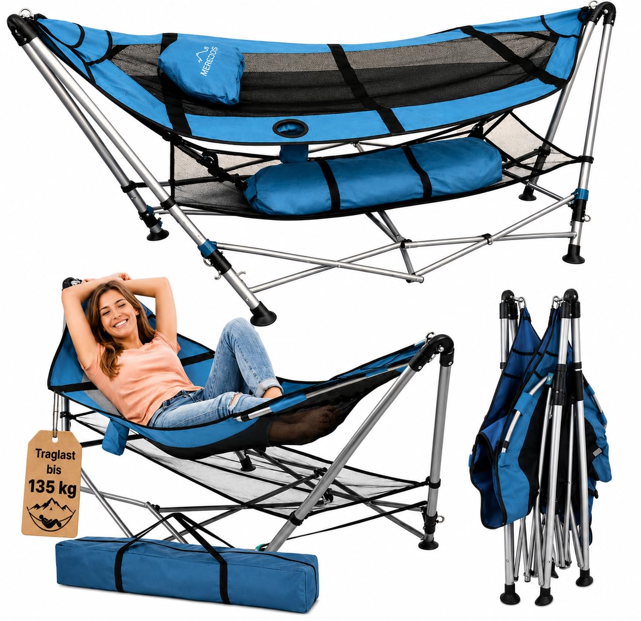 Camping Hängematte mit Gestell Klappbar bis 135 kg – Gartenhängematte Tragbar mit Kissen, Getränkehalter & Tasche – Outdoor Hängematte für Garten, Balkon, Terrasse, Camping & Reisen