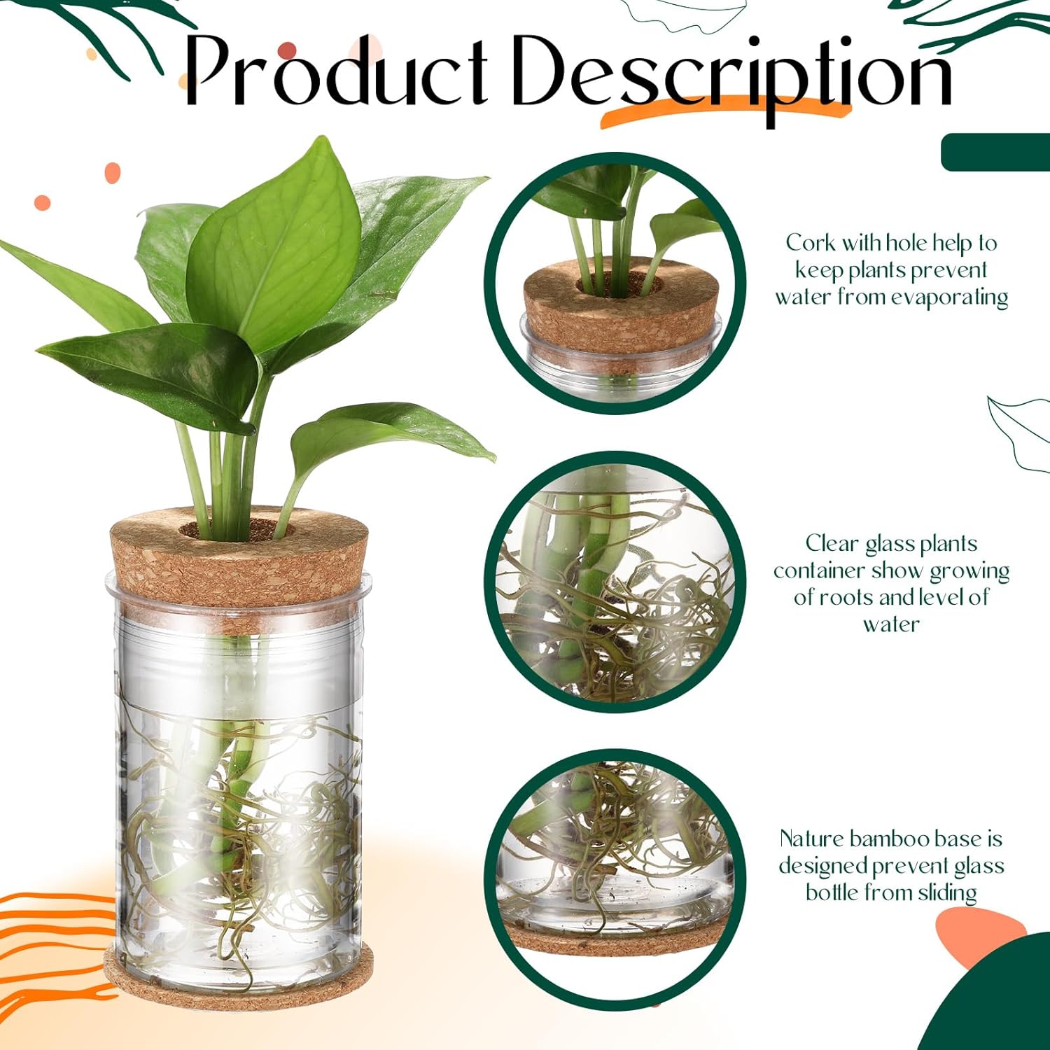 Baderke 24 Packs Plastic Desktop Plant Terrariums Propagation Planter Tabletop Planting Vase with Lid and Cork Plant Coasters for Growing Hydroponic Home Office Table Decoration(Classic Style)
