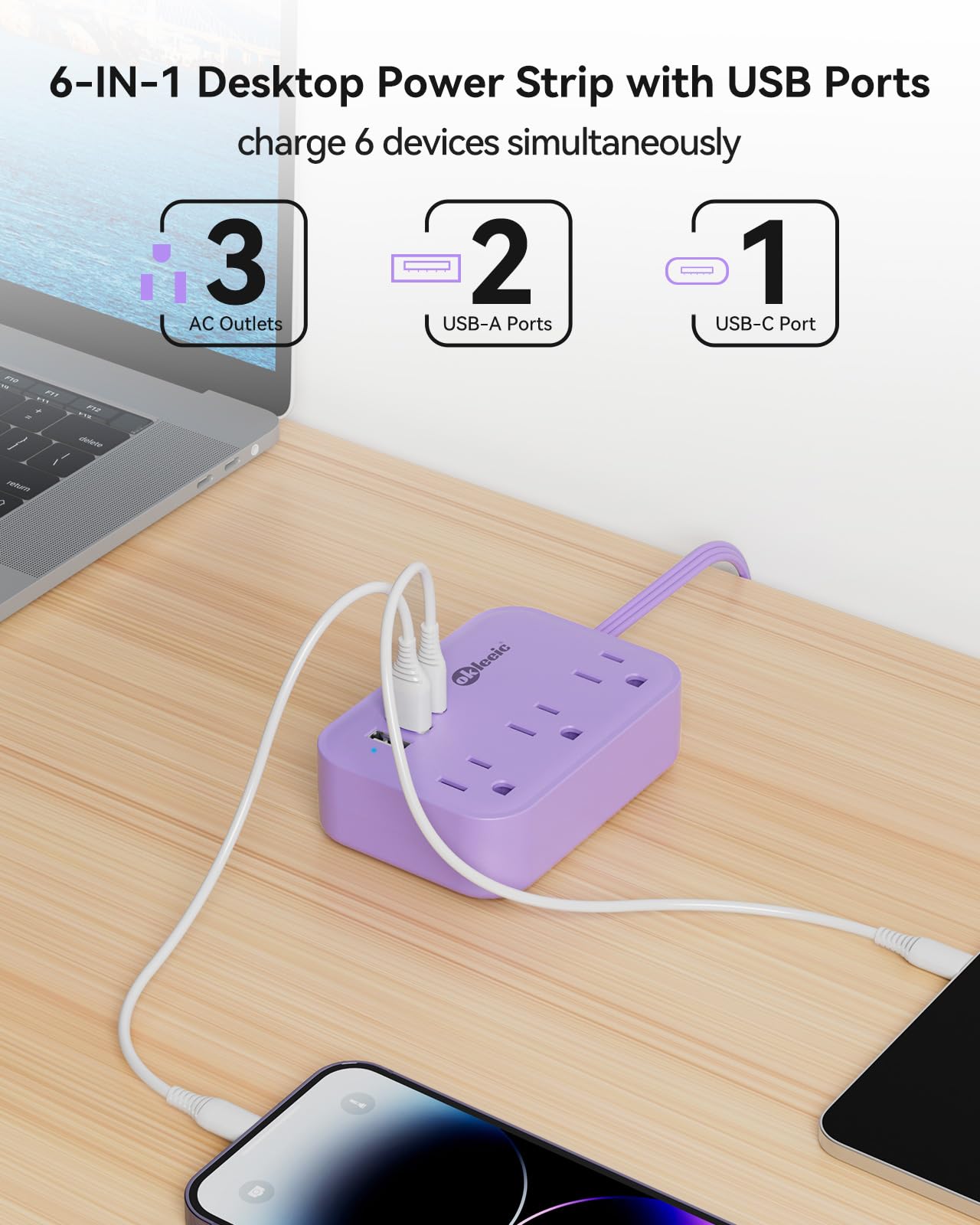 Cruise Essentials - Cavo di prolunga viola da 1,5 m, con 3 uscite AC e 3 USB, presa piatta da viaggio con stazione di ricarica USB, compatto per accessori per computer