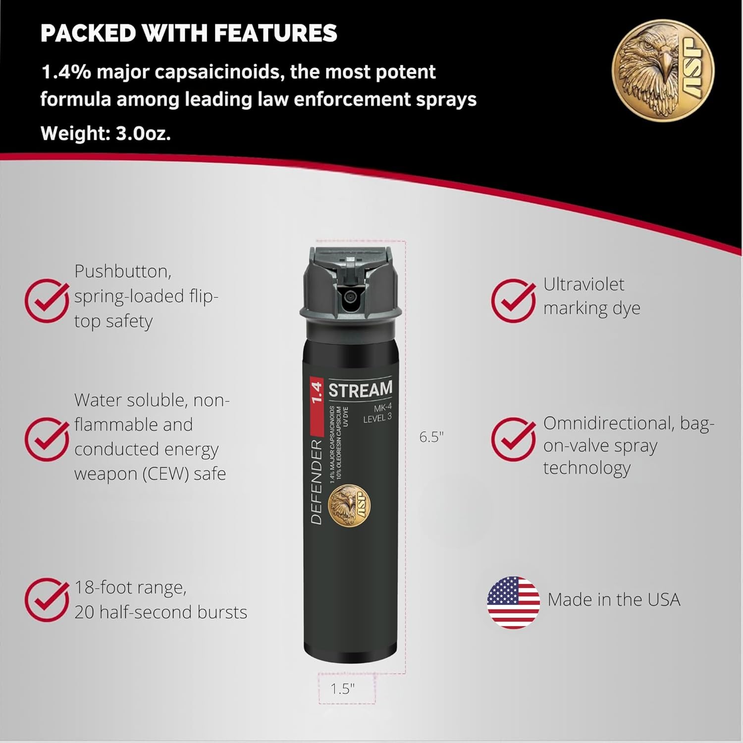 ASP Defender LE Pepper Spray + ASP Patrol Decon Spray, Professional Law Enforcement Pepper Spray and Decontamination Bundle