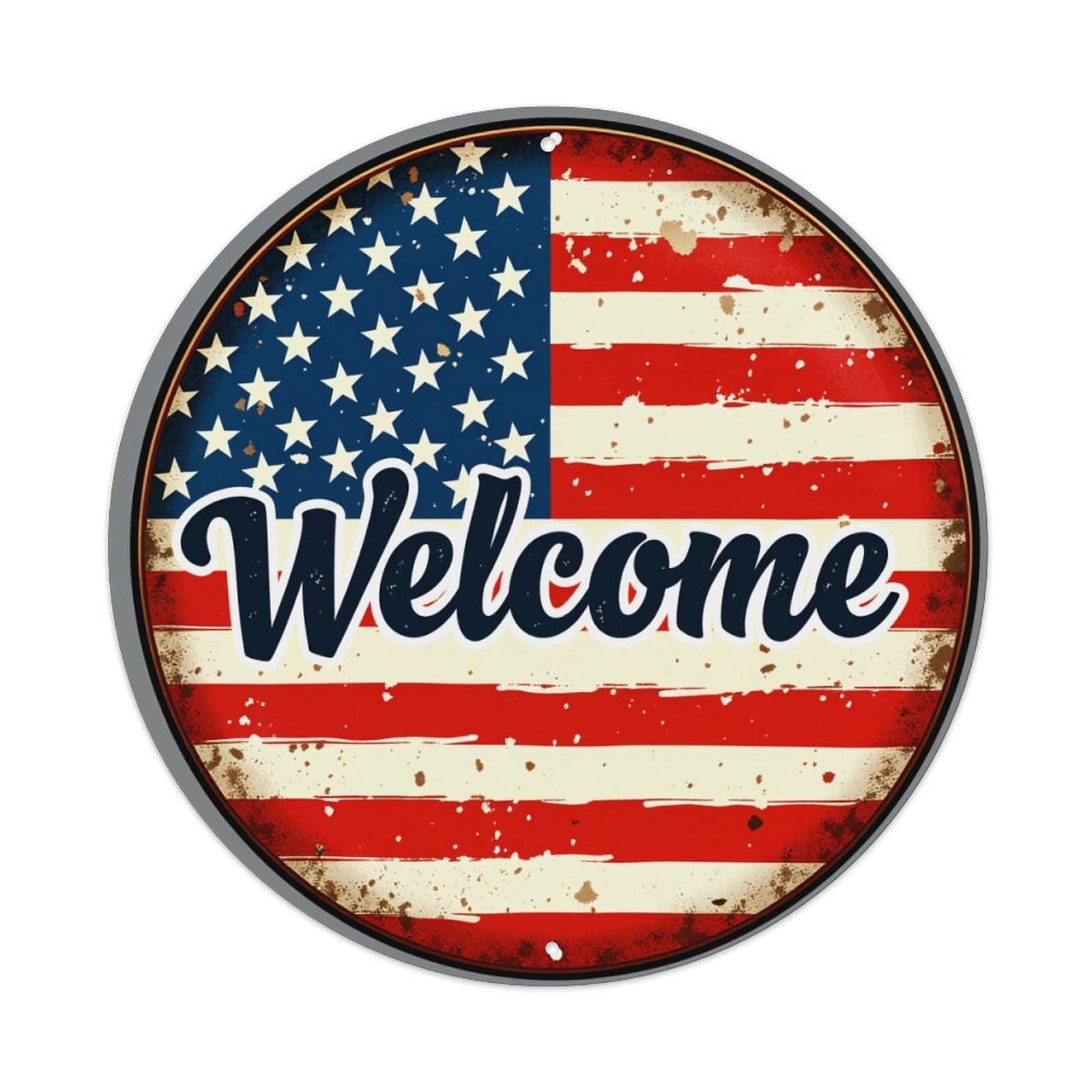 American Flag Welcome Sign Round Tin Sign Retro Metal Sign for Cafe Bar Pub Home Game Room Gym Club Wall Decoration Vintage Metal Poster 8x8 Inch