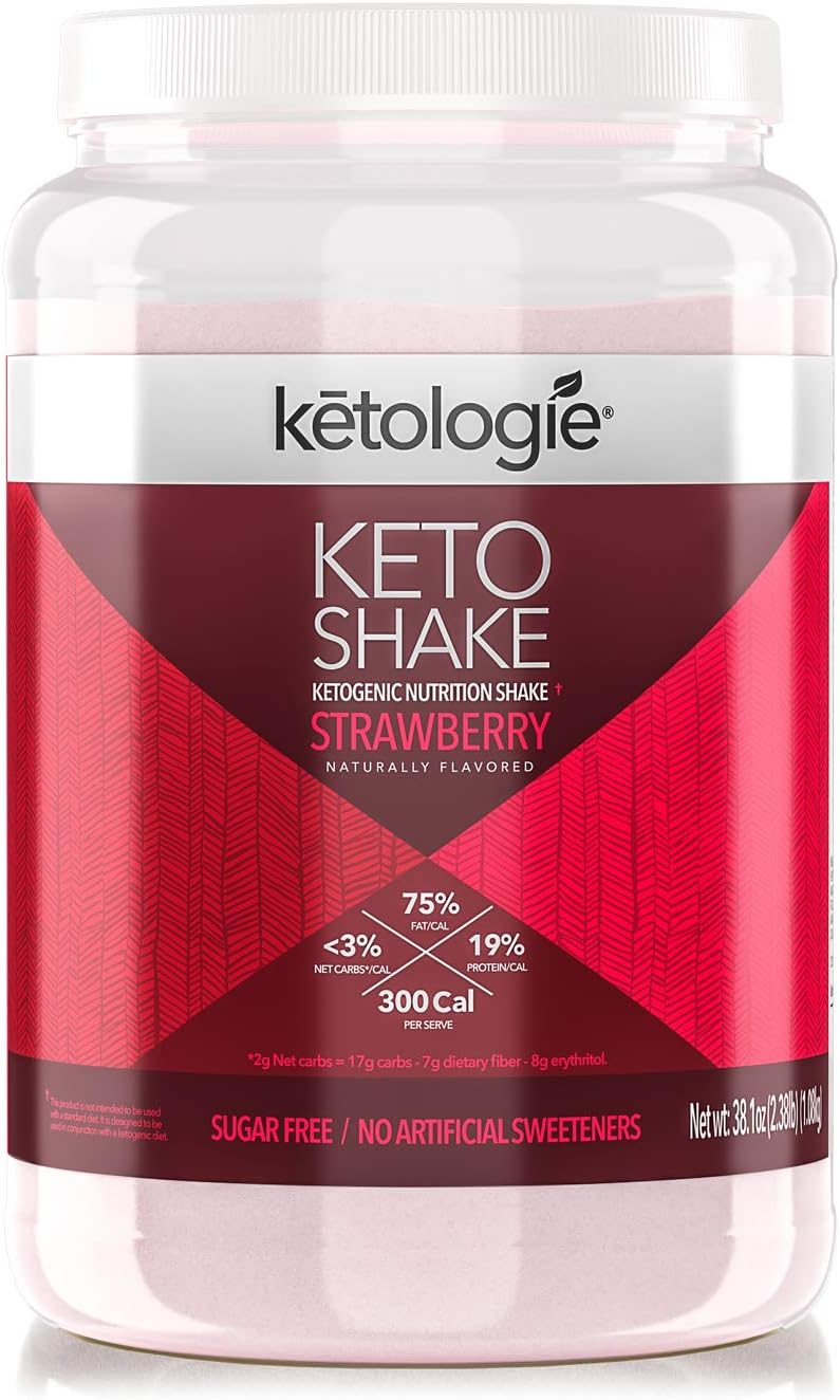 Ketologie Collagen Keto Shake (Strawberry) - with Coconut Oil, Grass Fed Hydrolyzed Collagen Peptides Type I & III, Low Carb High Fat, Lactose Free, Gluten Free, Soy Free, 2.38lbs