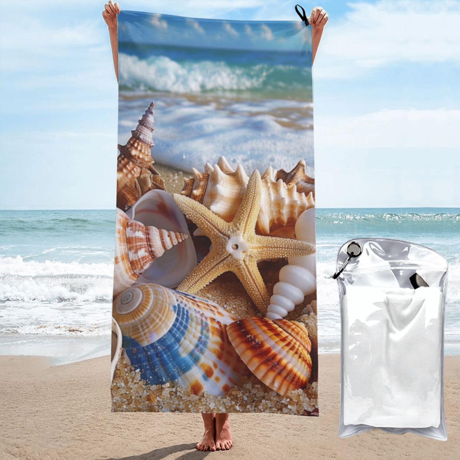 kkvhhyuo Microfiber Beach Towel, Shells on the beach Printed Lightweight Quick Dry Travel Bath Sheet with Compact Carry Bag for Swimming Yoga Camping Gym,31.5"x63"