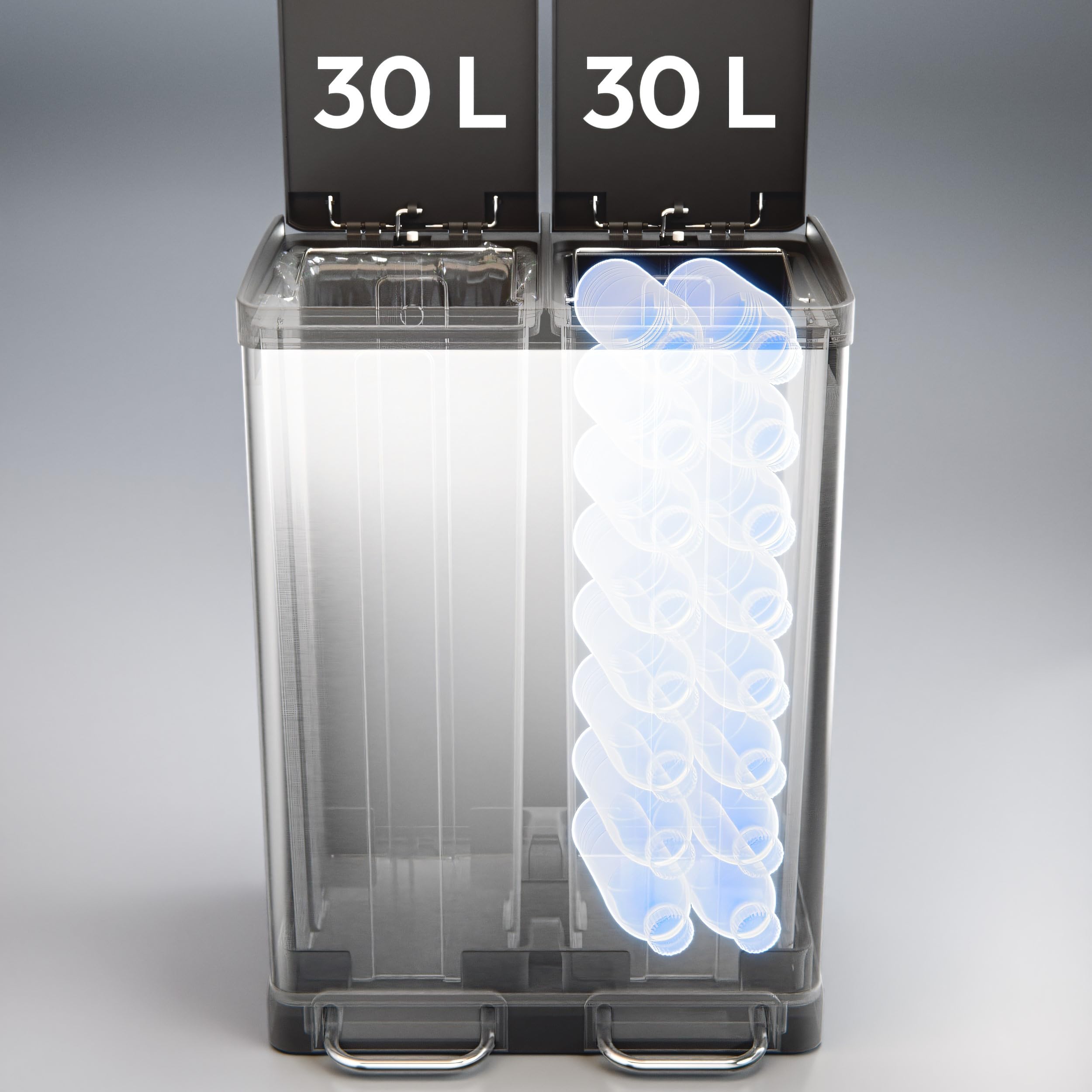 5Five - Poubelle de Tri Sélectif Double Compartiment Ariane - 2x30L en Acier Inoxydable - Seaux amovibles - Large Pédale en Métal, Fermeture Silencieuse, Poignées et Fixation pour Sac Poubelle