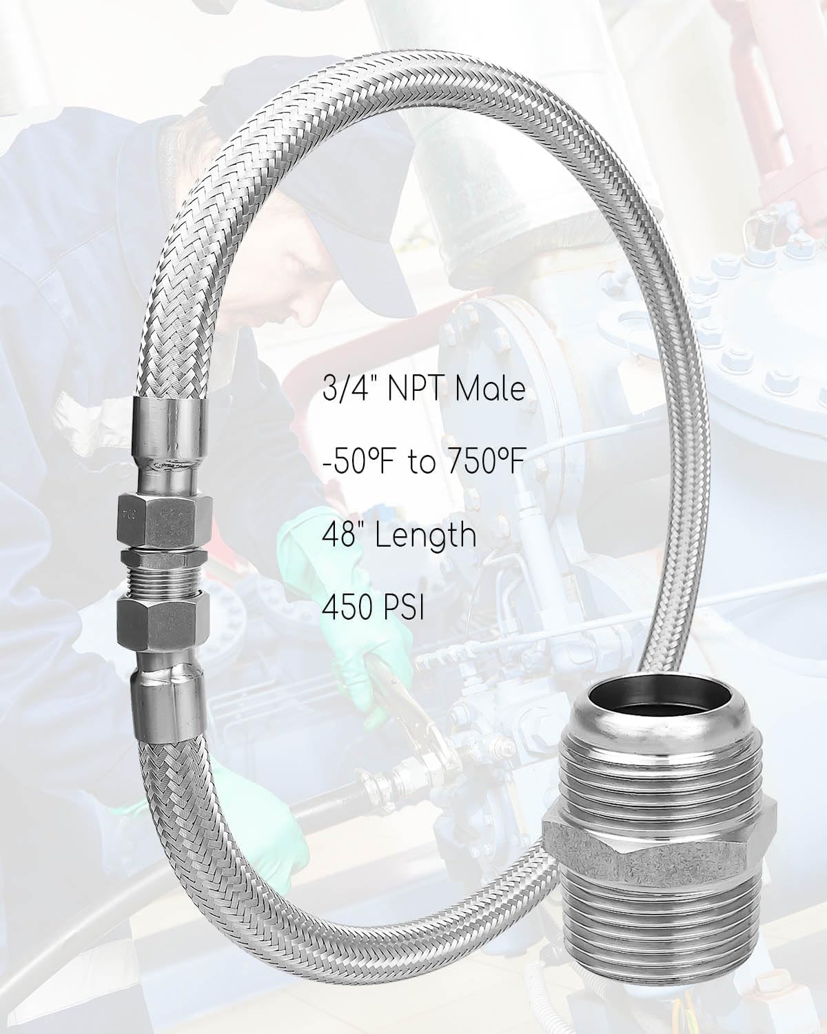 48" X 1/2" Universal Compressor Jumper Hose, 3/4" NPT Male Compression Adapter 48" Length 750°F 450 PSI Flexible Whole Body Stainless Steel Metal Hose with Rotate Freely Fittings and Thread Seal Tapes