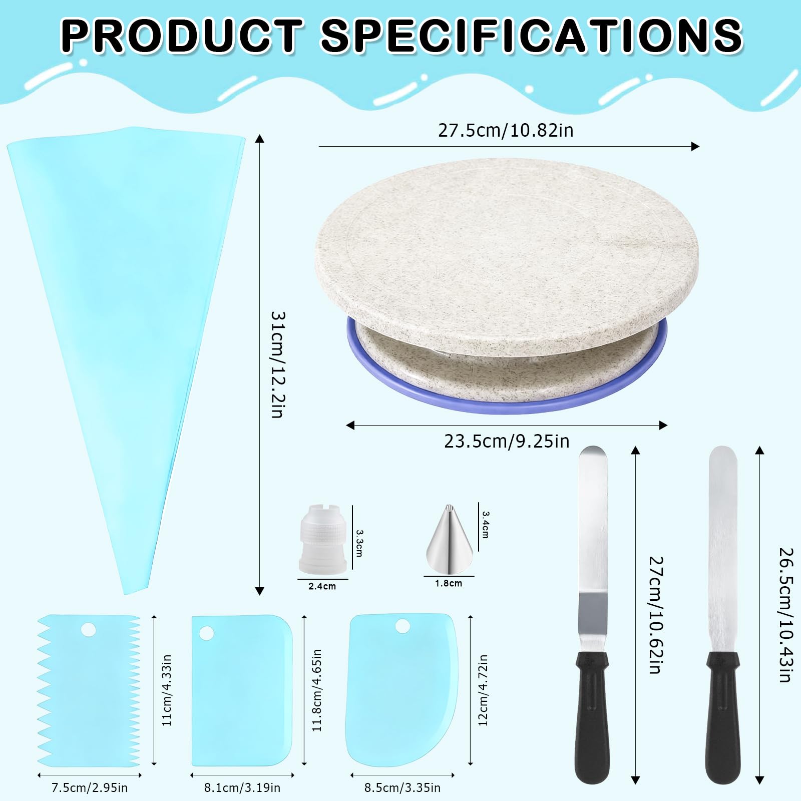 Kit per Decorare Torte, Piatto Girevole per Torte, Supporto Girevole per Torte con Palette Angolari, Raschietto, Pasticceria, 24x Punte, Pasticceria Accessori
