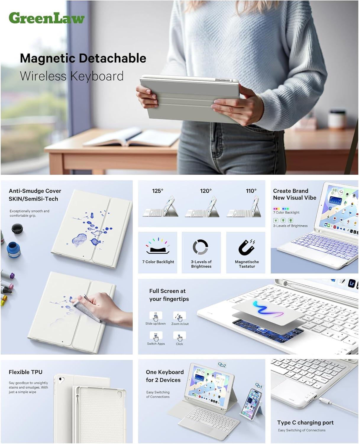 GreenLaw Keyboard case for iPad 9.7 inch, iPad 6th Gen (2018), iPad 5th Gen (2017), iPad Air 2 (2014), 7 Color Backlit, Support 2 BT Devices, Touchpad Keyboard iPad Pro 9.7, White - Image 3
