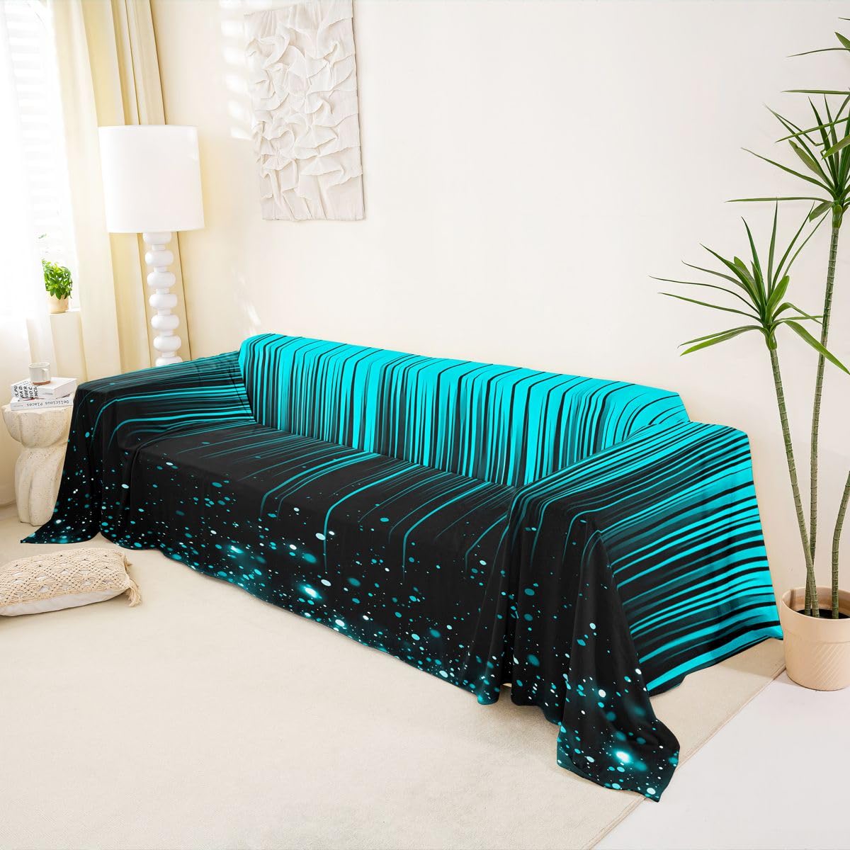 Homewish Funda de sofá a rayas verde azulado y negro, 180 x 340 cm